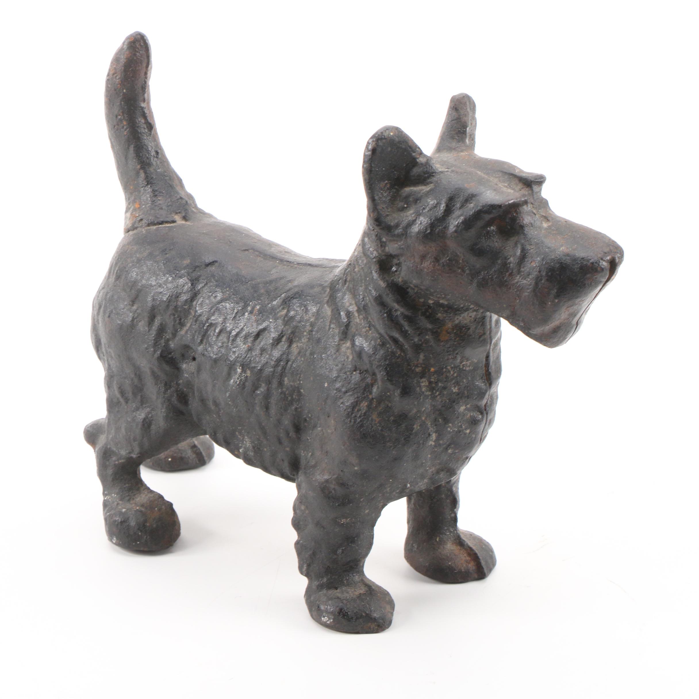 Cast Iron Scottie Dog Doorstop with Other Dog Figurines, Early to Mid-20th C.