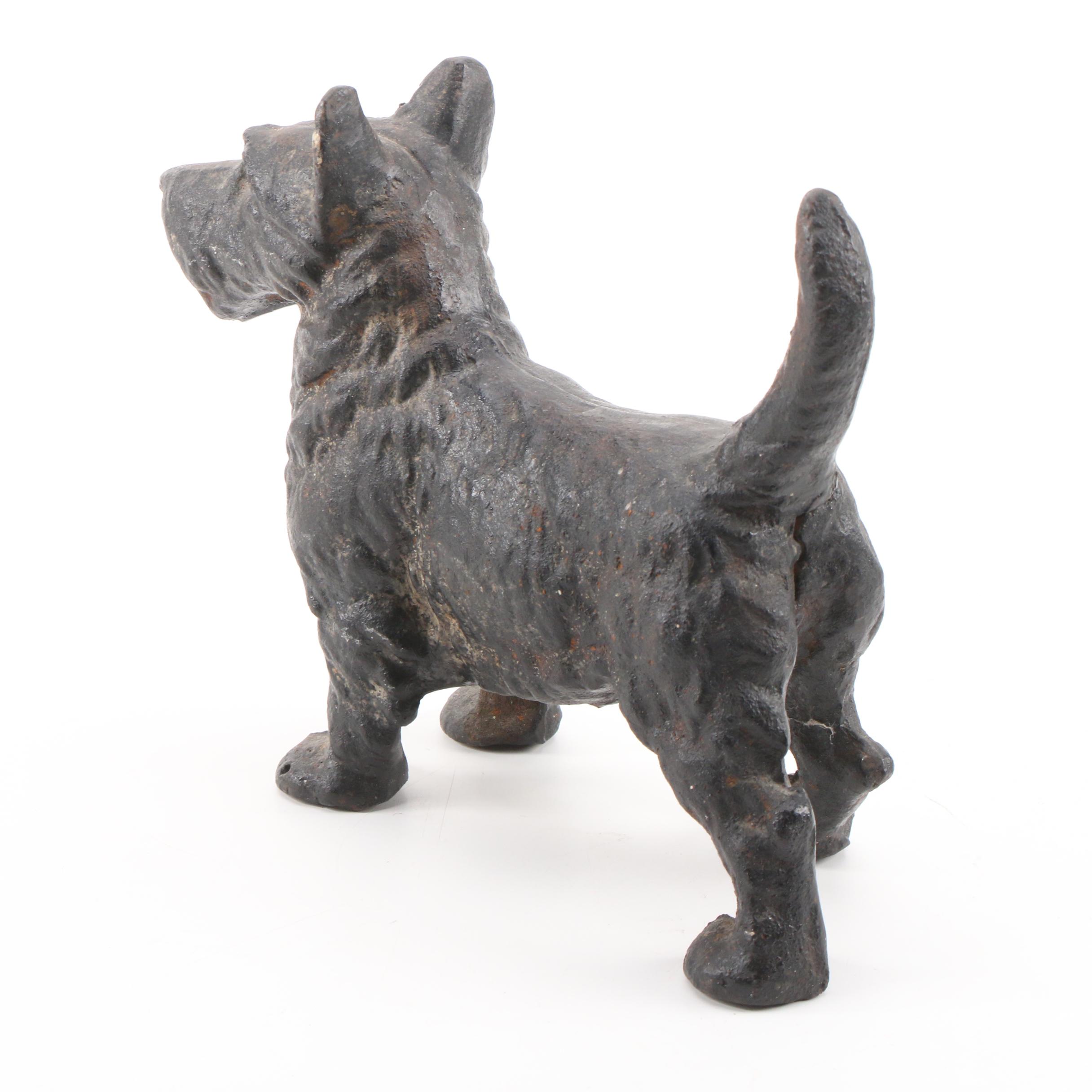 Cast Iron Scottie Dog Doorstop with Other Dog Figurines, Early to Mid-20th C.