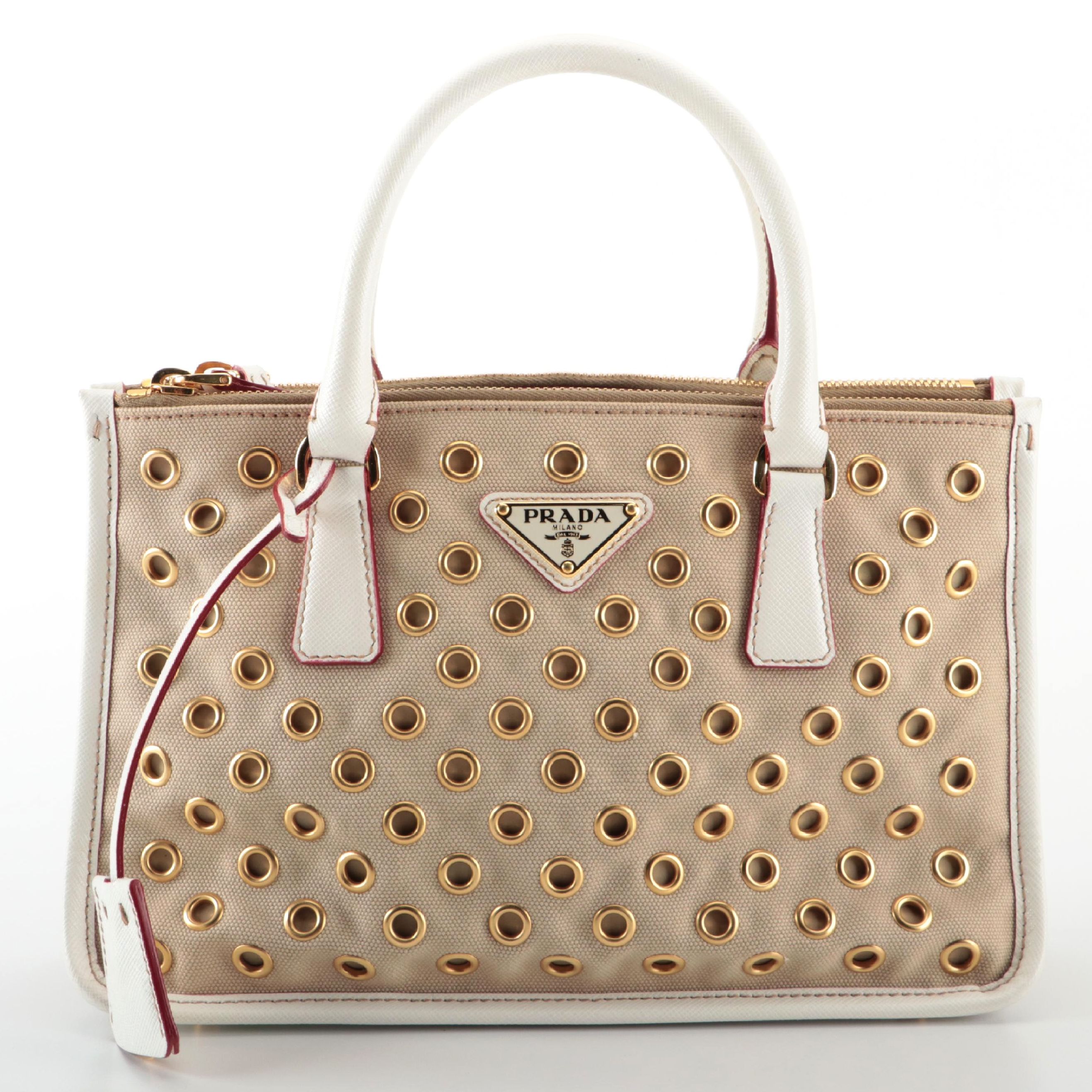 Prada Double Zip Handbag in Grommet Embellished Canvas and Saffiano Leather