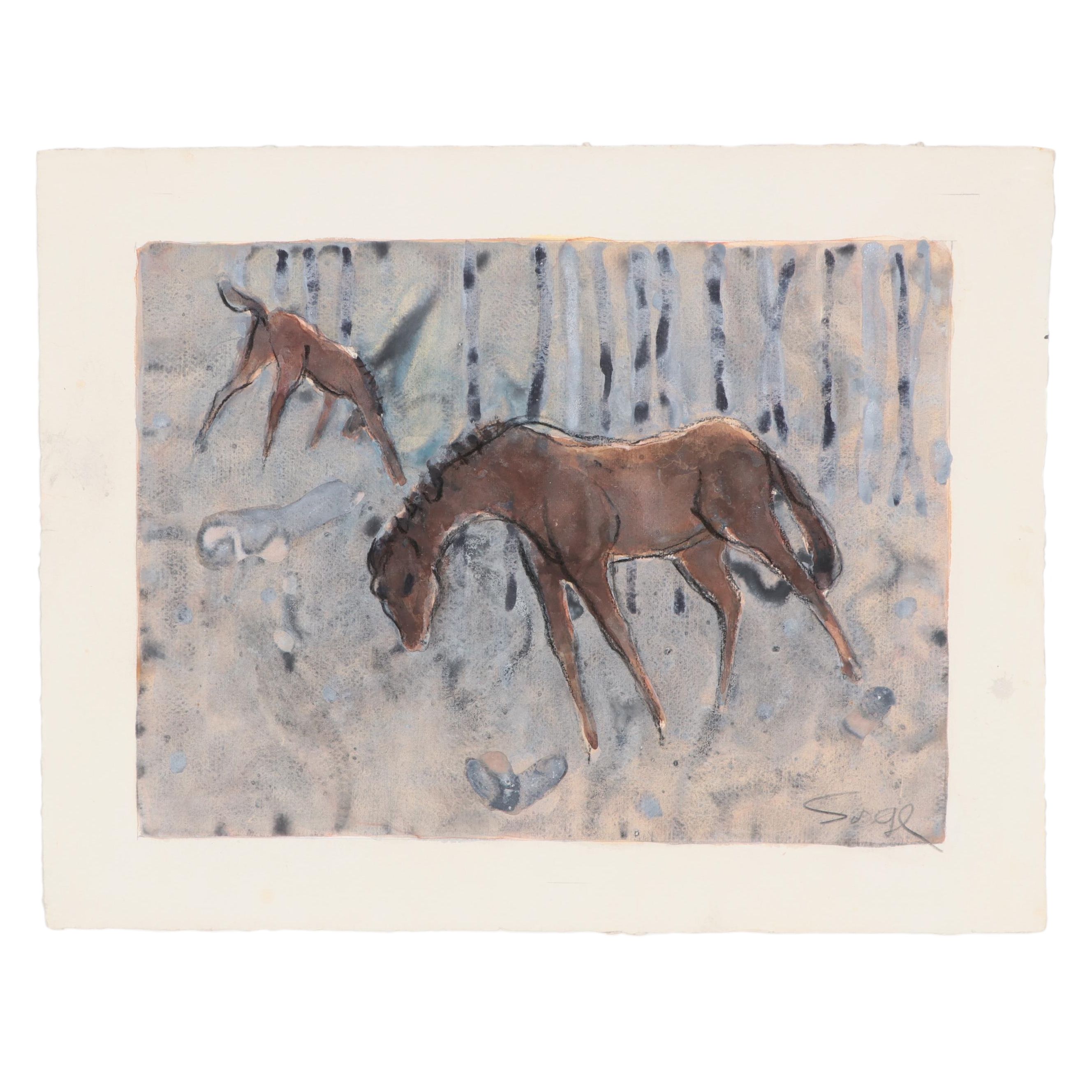 Walter Sorge Watercolor Painting of Horses