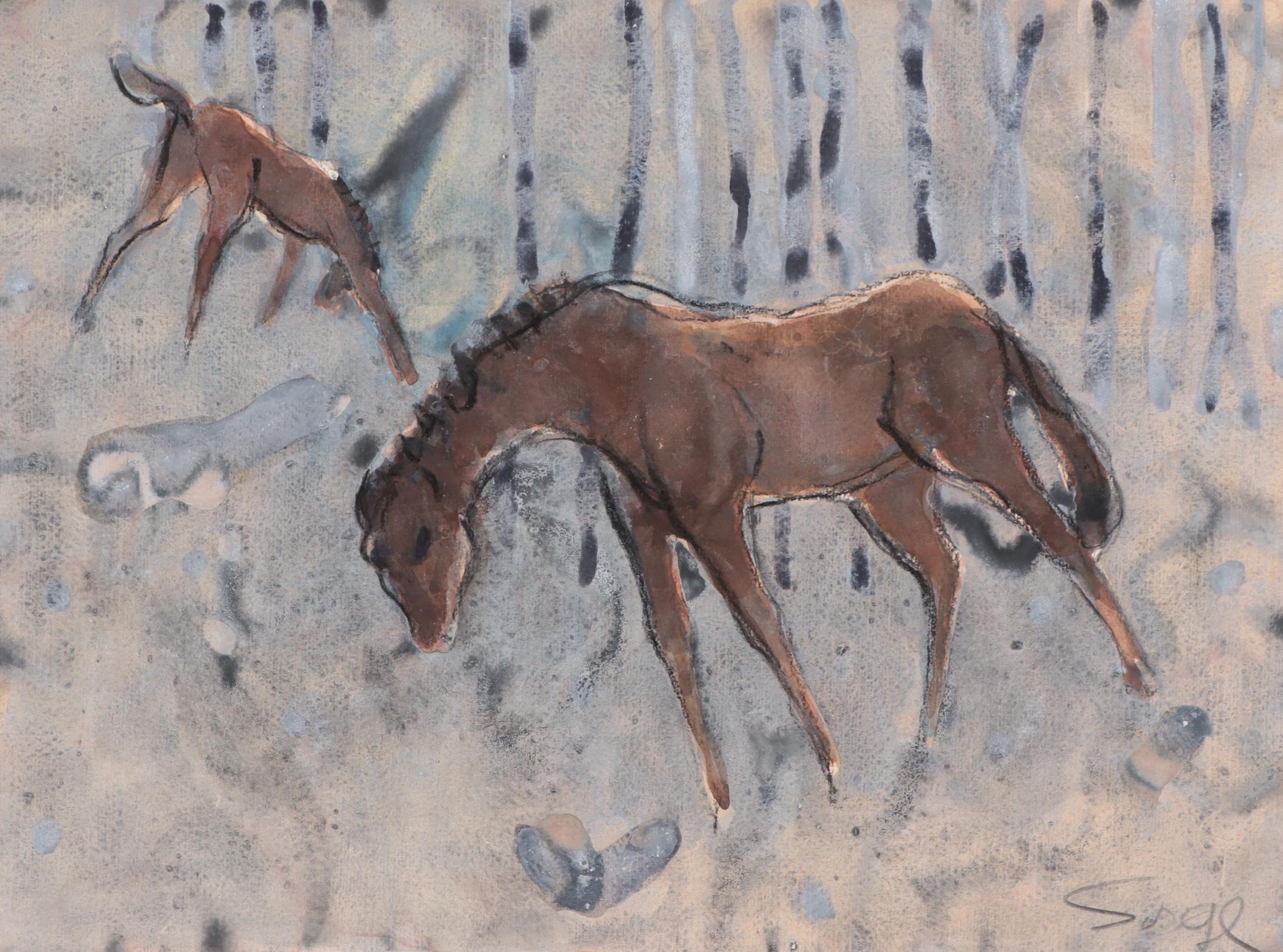 Walter Sorge Watercolor Painting of Horses