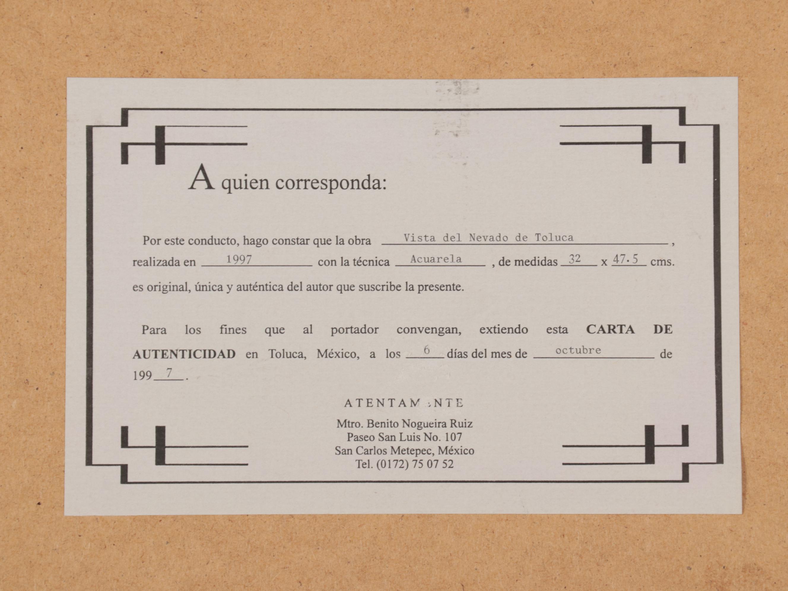 Benito Nogueira Ruiz Watercolor Painting "Vista del Nevado de Toluca," 1997