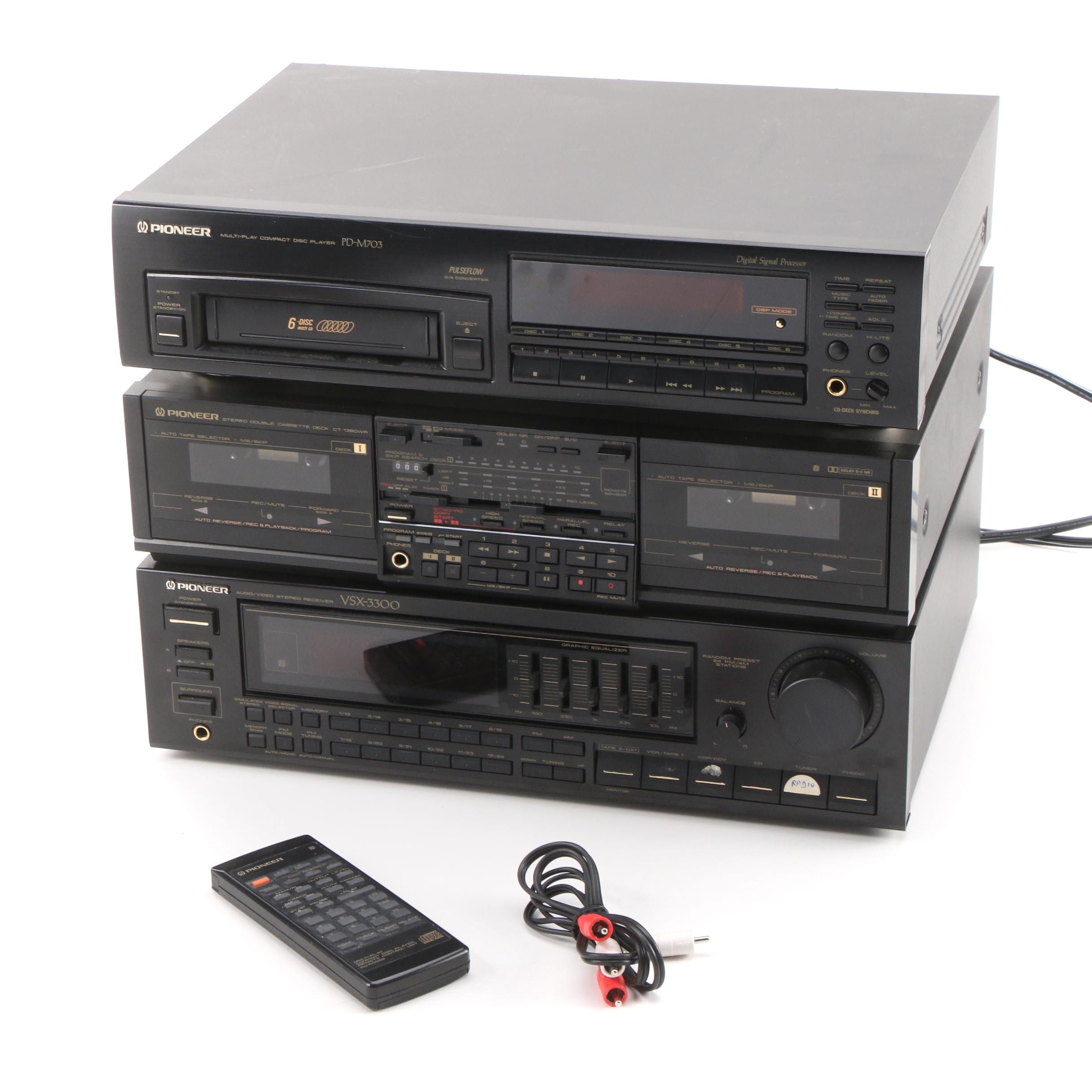Pioneer Stereo Receiver, Cassette Tape Deck and 6-Disc CD Player, 1990s