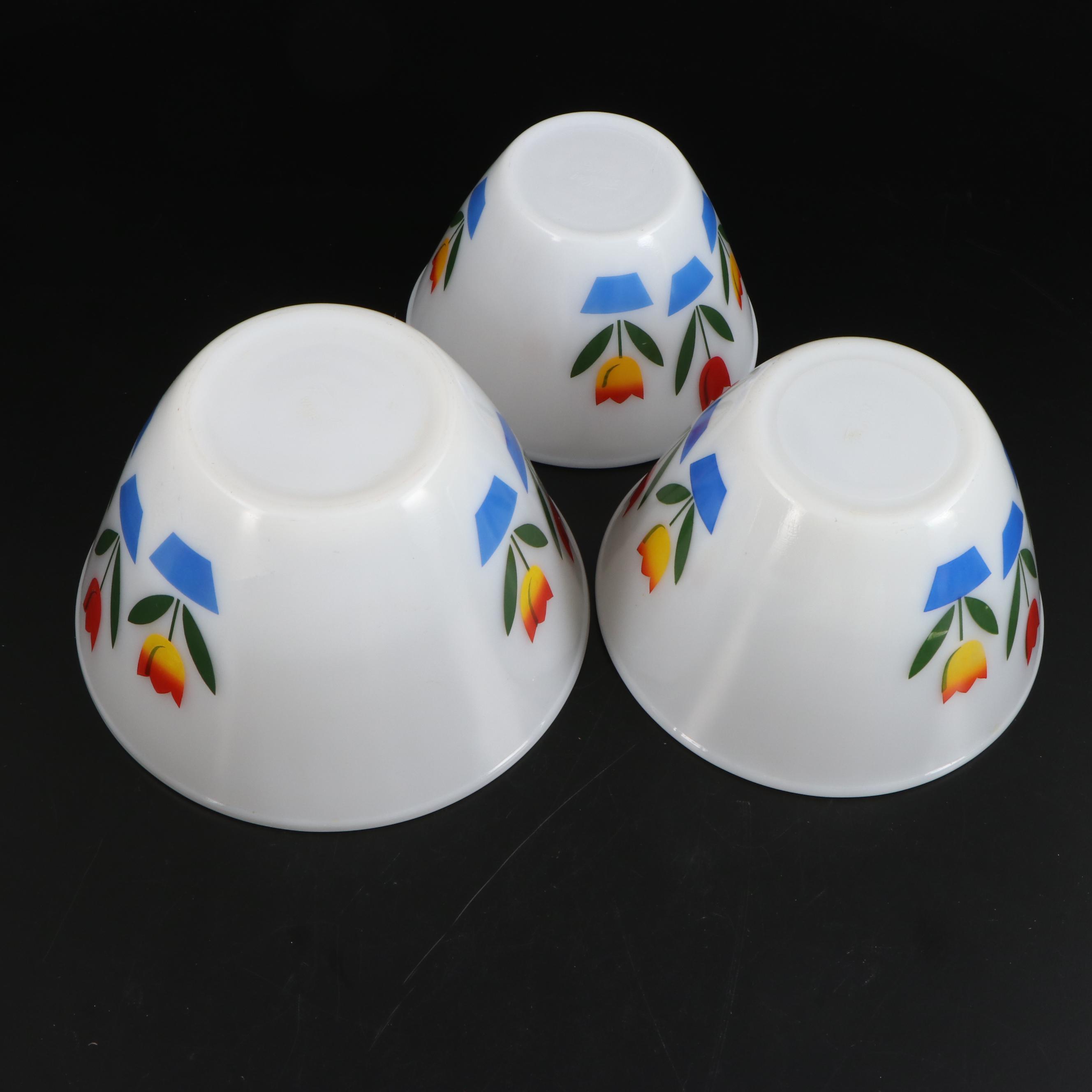 Anchor Hocking Fire-King "Tulip on White" Mixing Bowls, Drip Jars and Shakers