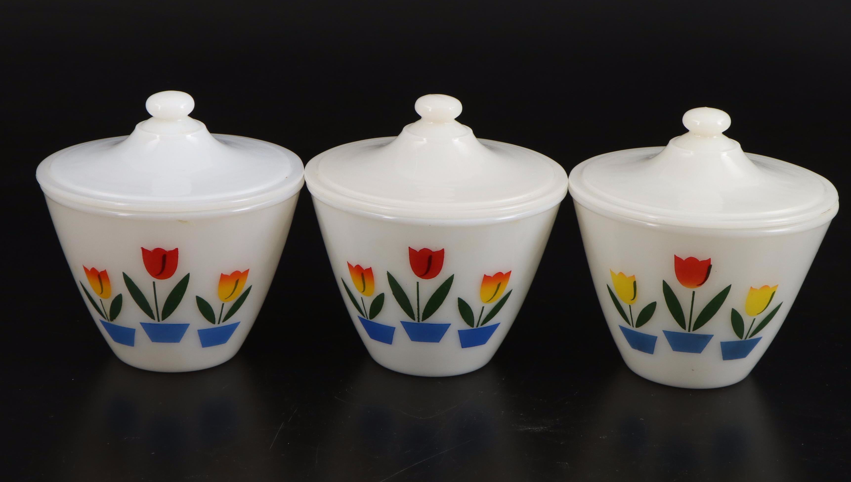 Anchor Hocking Fire-King "Tulip on White" Mixing Bowls, Drip Jars and Shakers