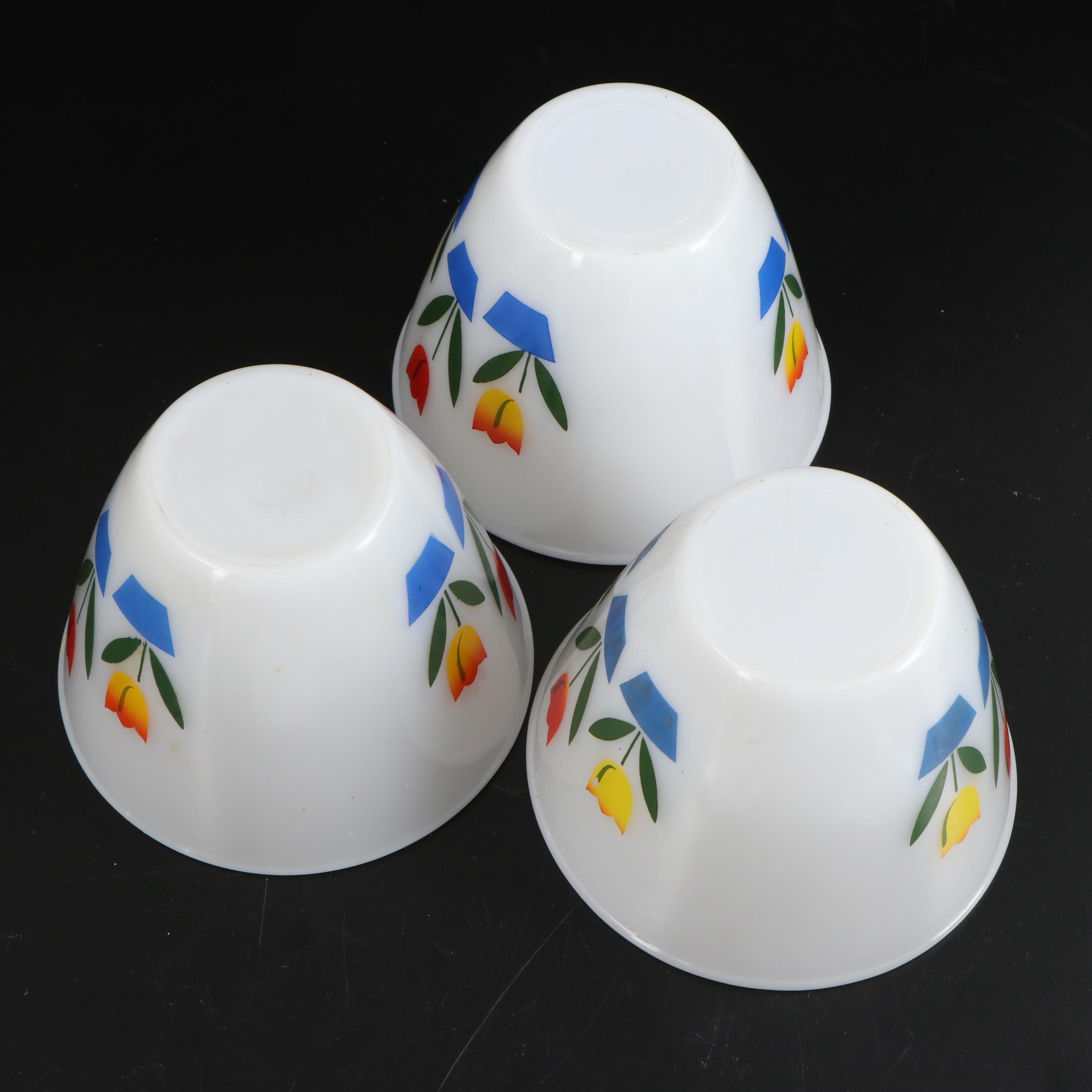 Anchor Hocking Fire-King "Tulip on White" Mixing Bowls, Drip Jars and Shakers