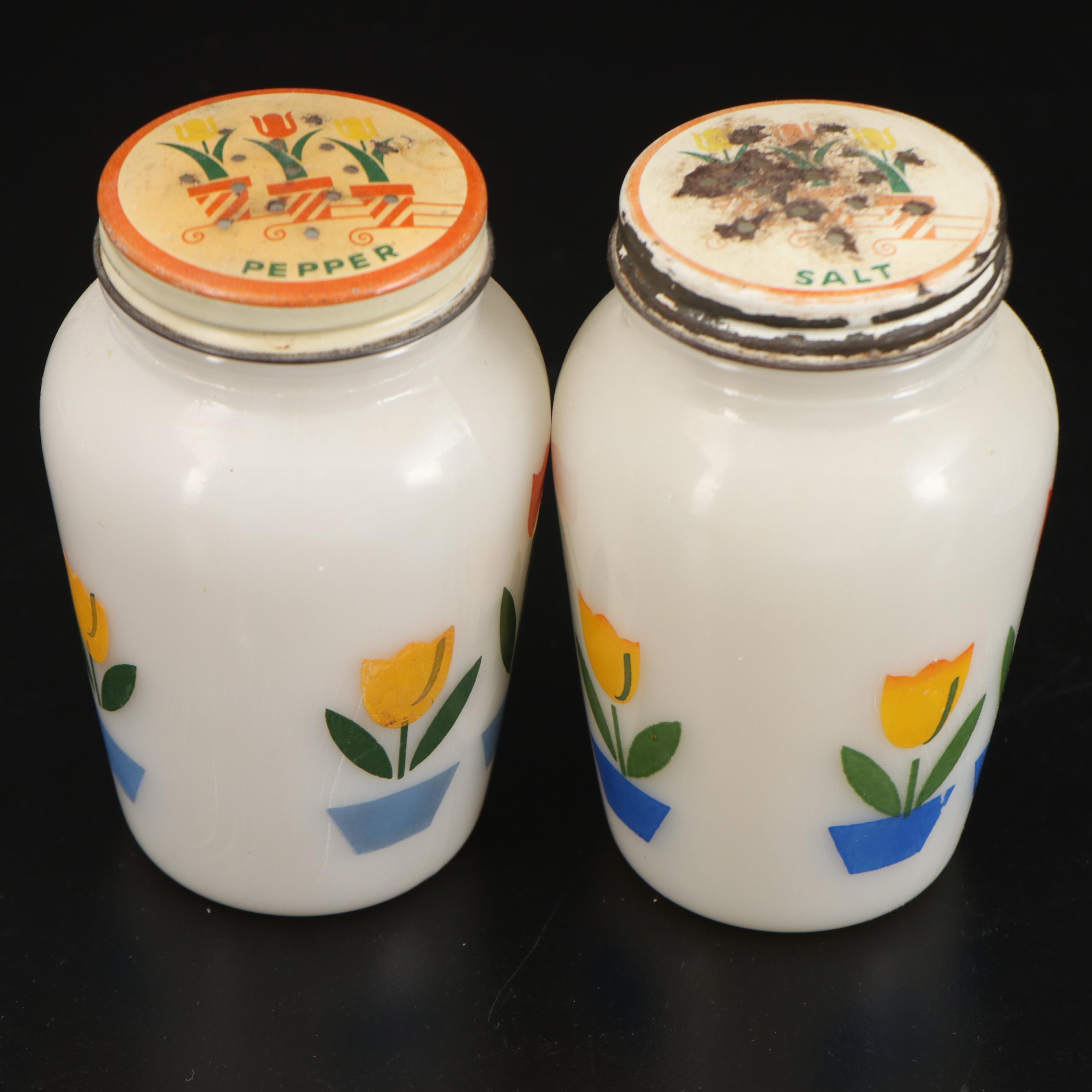 Anchor Hocking Fire-King "Tulip on White" Mixing Bowls, Drip Jars and Shakers
