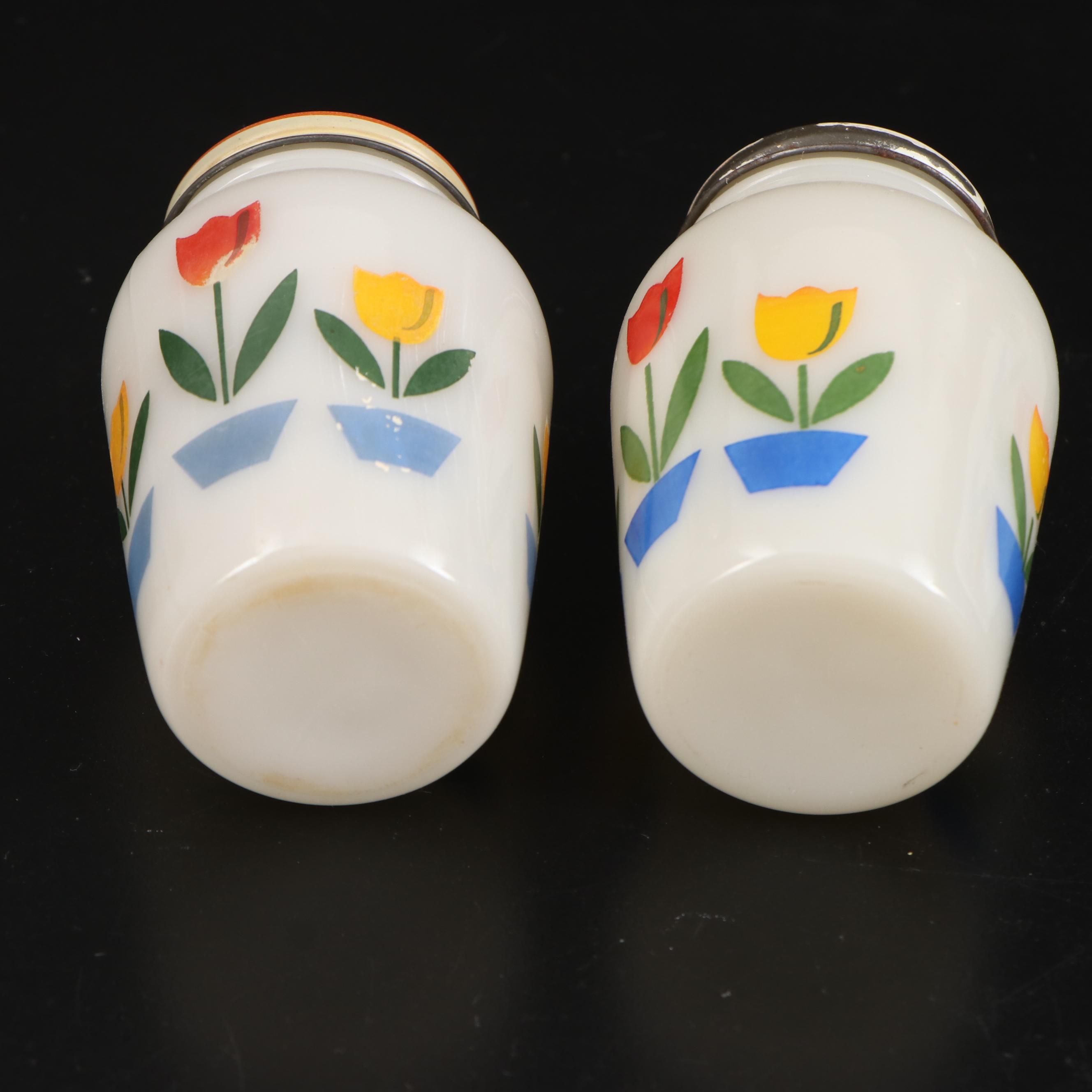 Anchor Hocking Fire-King "Tulip on White" Mixing Bowls, Drip Jars and Shakers
