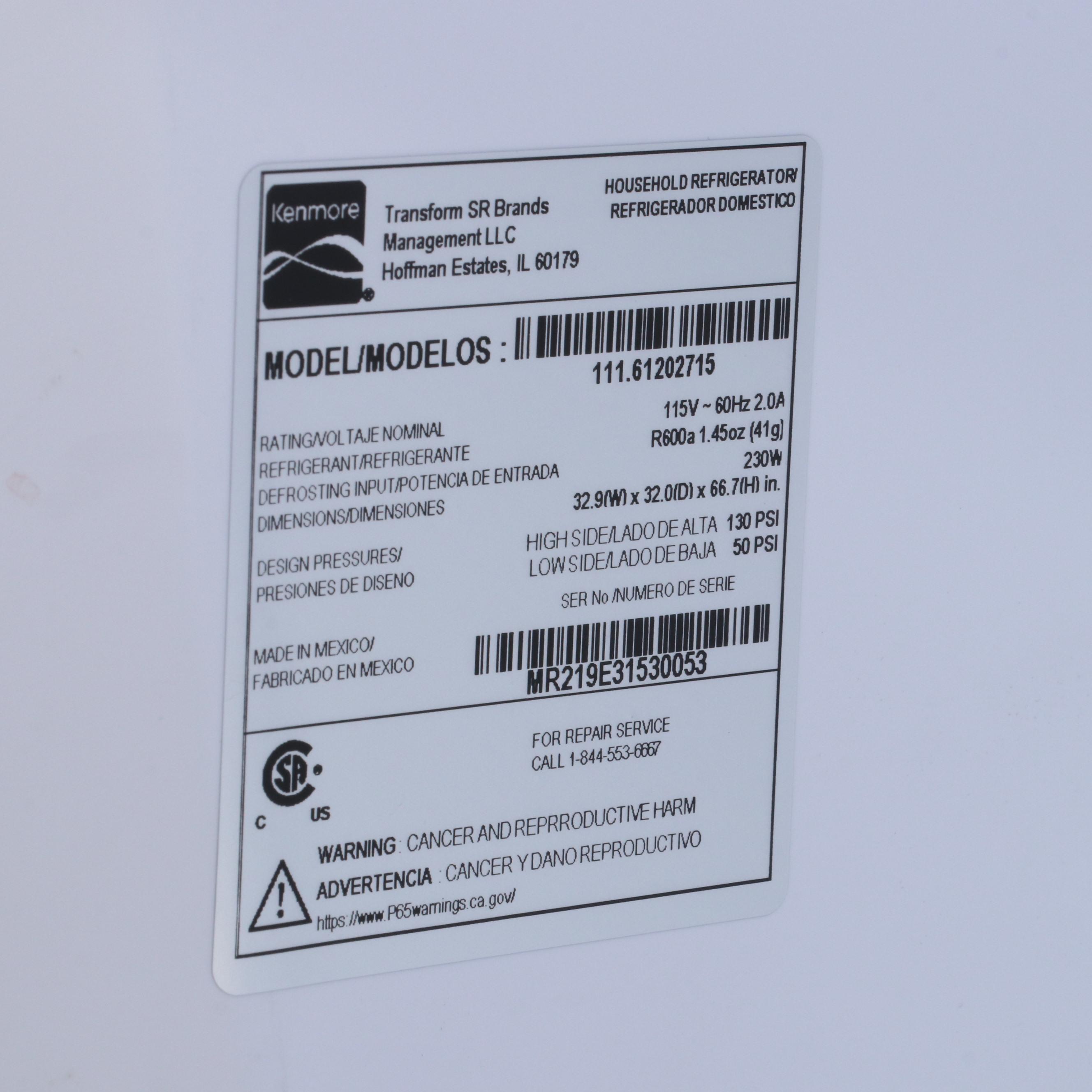 Kenmore 18 Cu. Ft. White Top Freezer Refrigerator