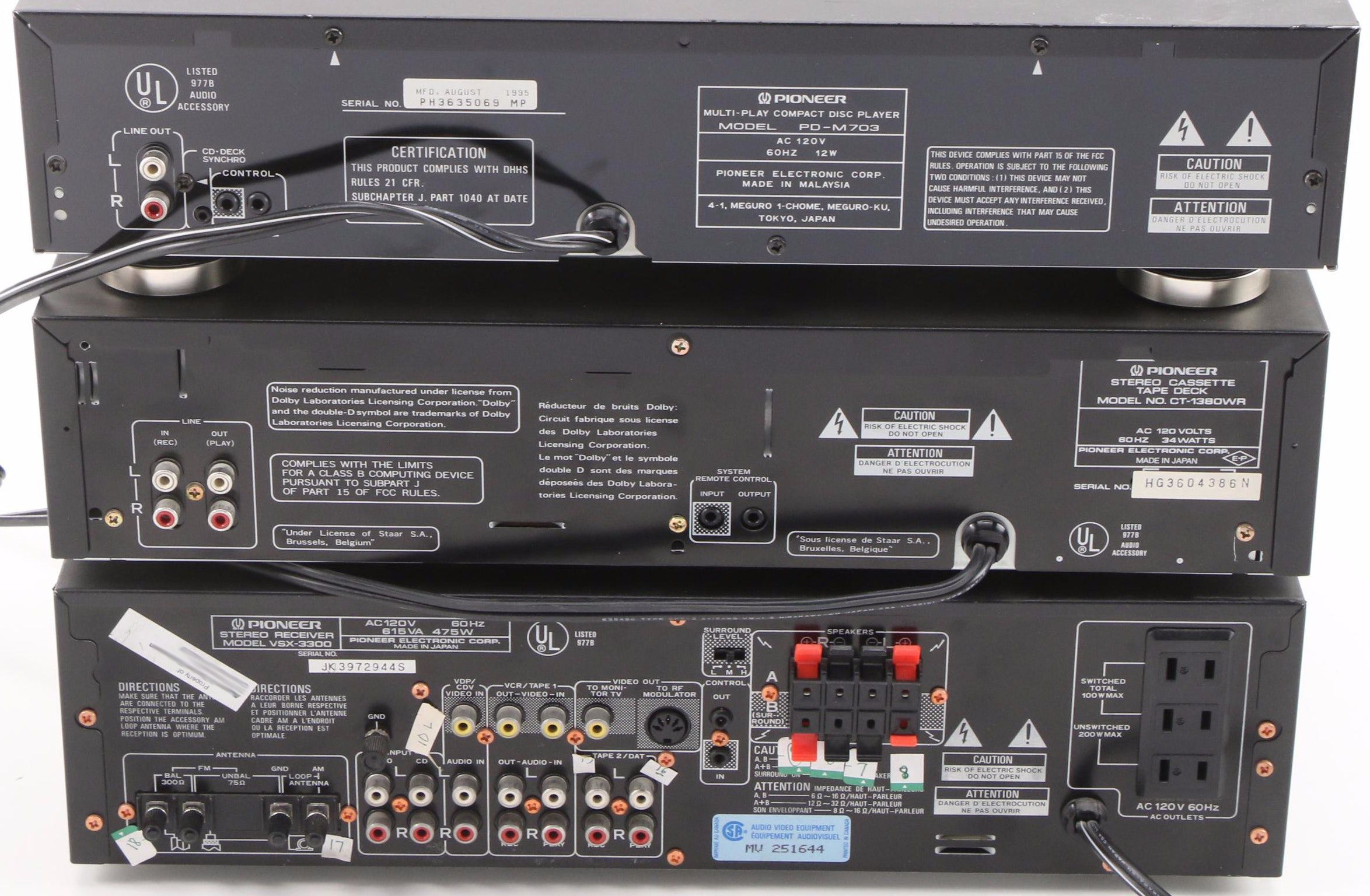 Pioneer Stereo Receiver, Cassette Tape Deck and 6-Disc CD Player, 1990s