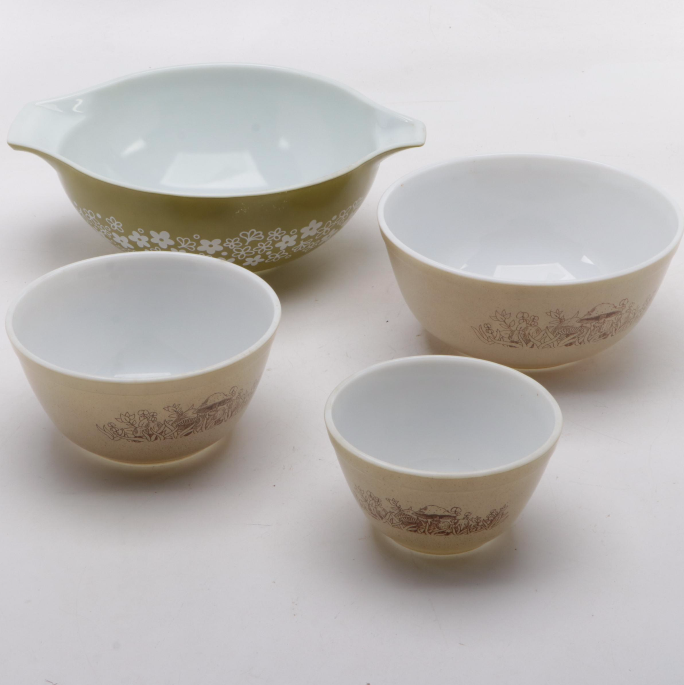 Pyrex "Forest Fancies" Nesting Bowls with Other Pyrex and Fire King Serveware