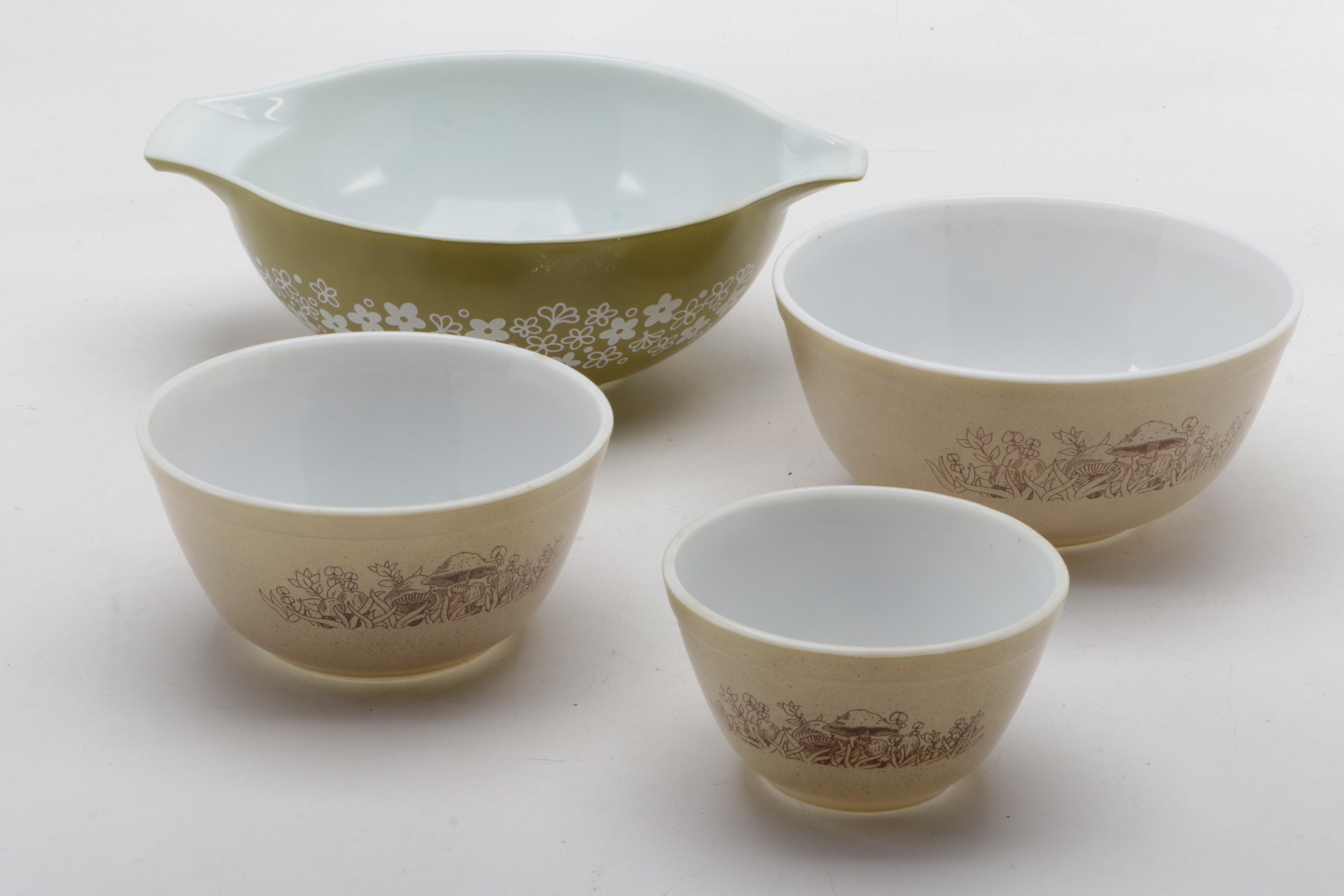 Pyrex "Forest Fancies" Nesting Bowls with Other Pyrex and Fire King Serveware