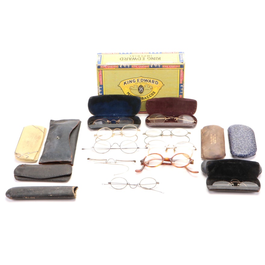 Wire-Rim and Plastic Spectacles and Cases, Early 20th Century