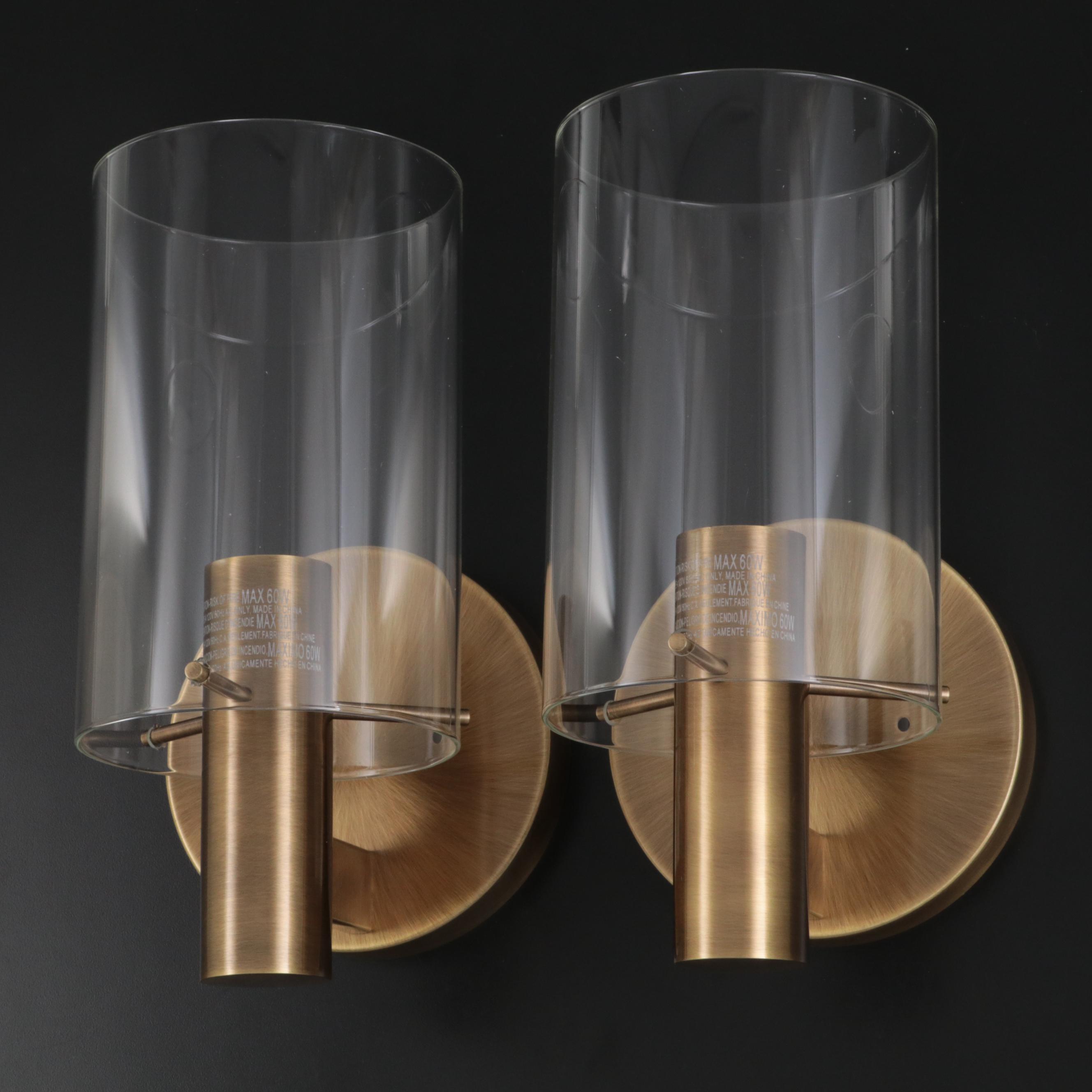 Pair of Ferguson Contemporary Bathroom Glass and Aged Brass Wall Sconces