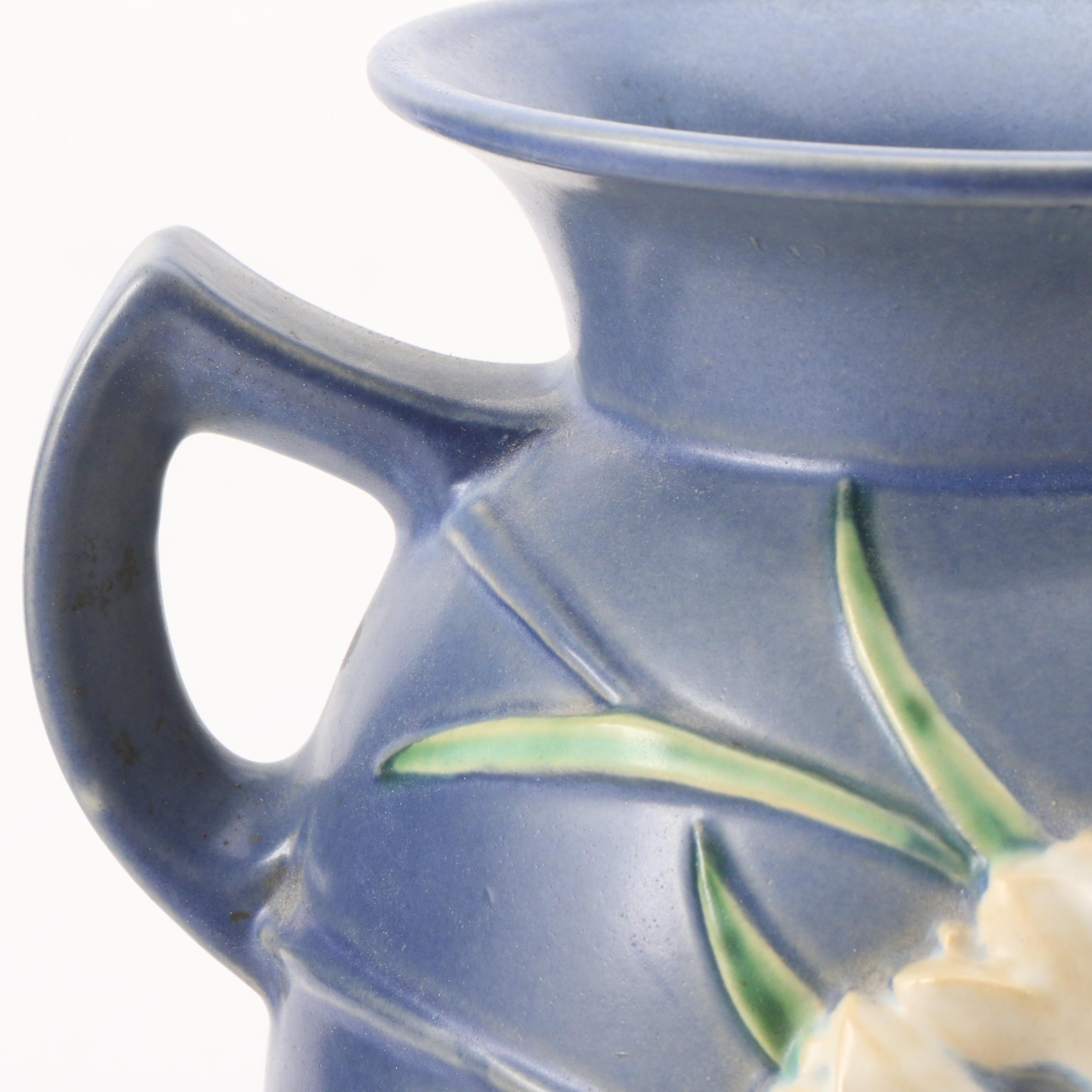 Roseville Pottery "Freesia" Blue Double-Handled Ceramic Vase, 1945