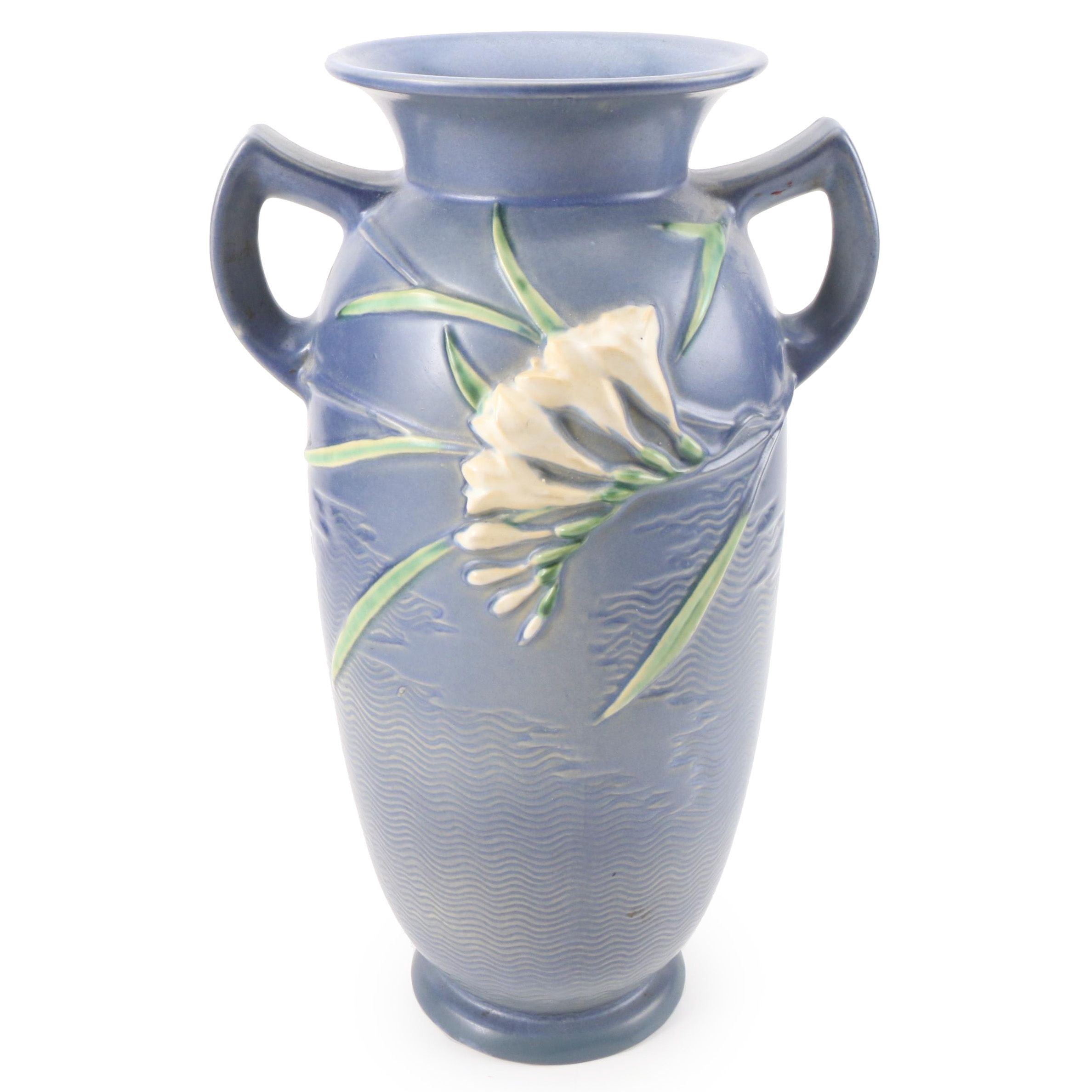 Roseville Pottery "Freesia" Blue Double-Handled Ceramic Vase, 1945