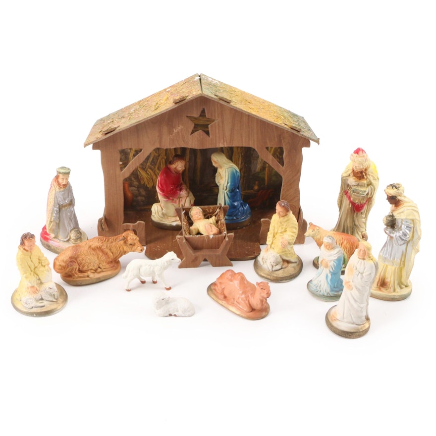 Chalkware Nativity Figures with Cardboard Stable, Mid-20th Century