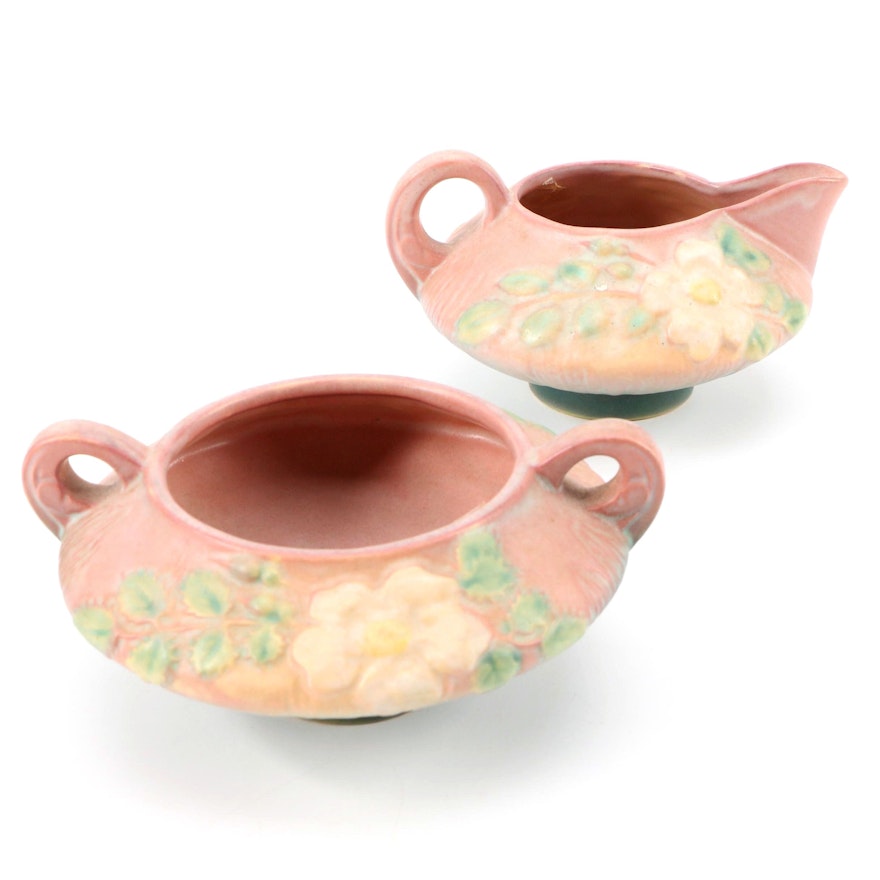 Roseville Pottery "White Rose" Creamer and Sugar, Mid-20th Century