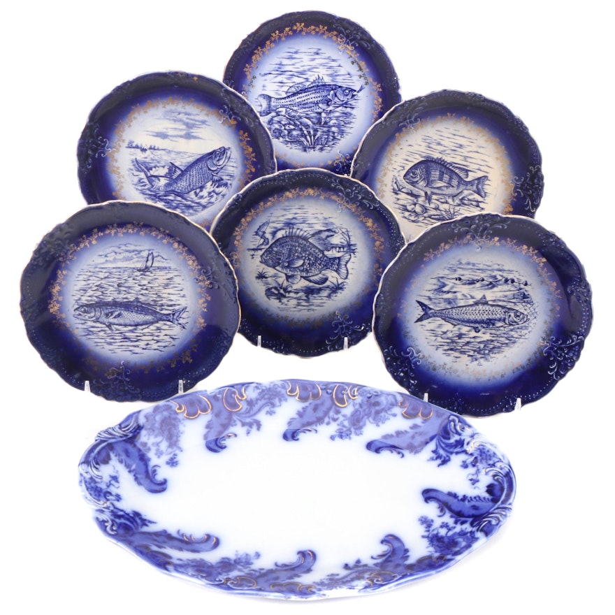 W.H. Grindley "Argyle" Flow Blue Ironstone Platter with French Fish Plates