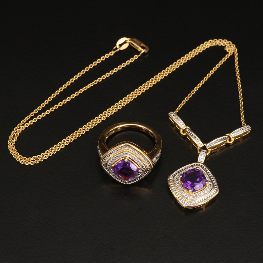 Italian Sterling Amethyst and Diamond Pendant Necklace and Ring Set