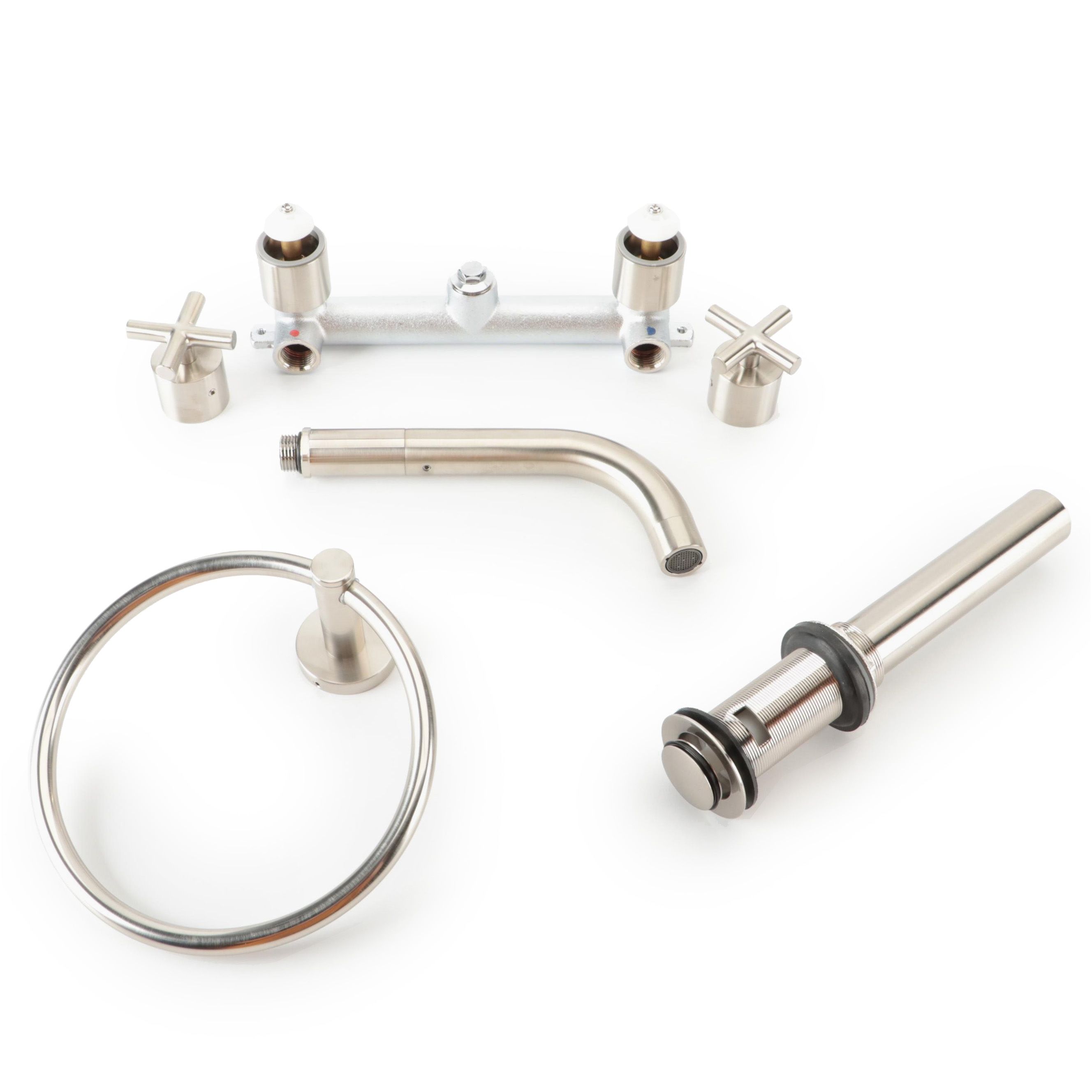 Brushed Nickel Wall-Mount Bathroom Faucet with Pop-Up Drain and Towel Ring