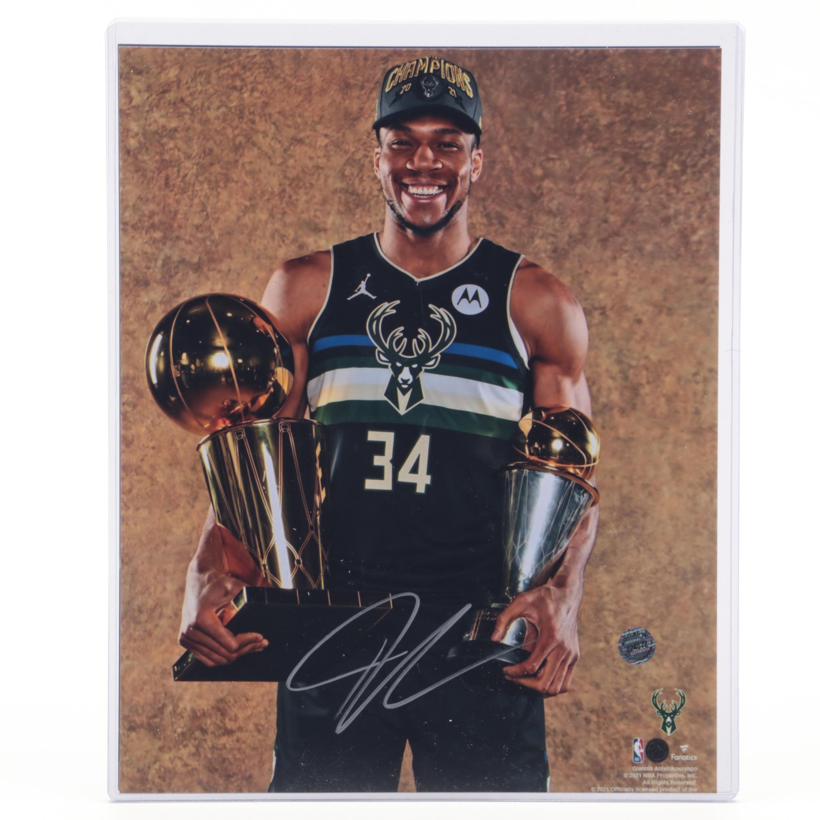Giannis Antetokounmpo Milwaukee Bucks Signed 2021 Finals Trophies Giclée Print