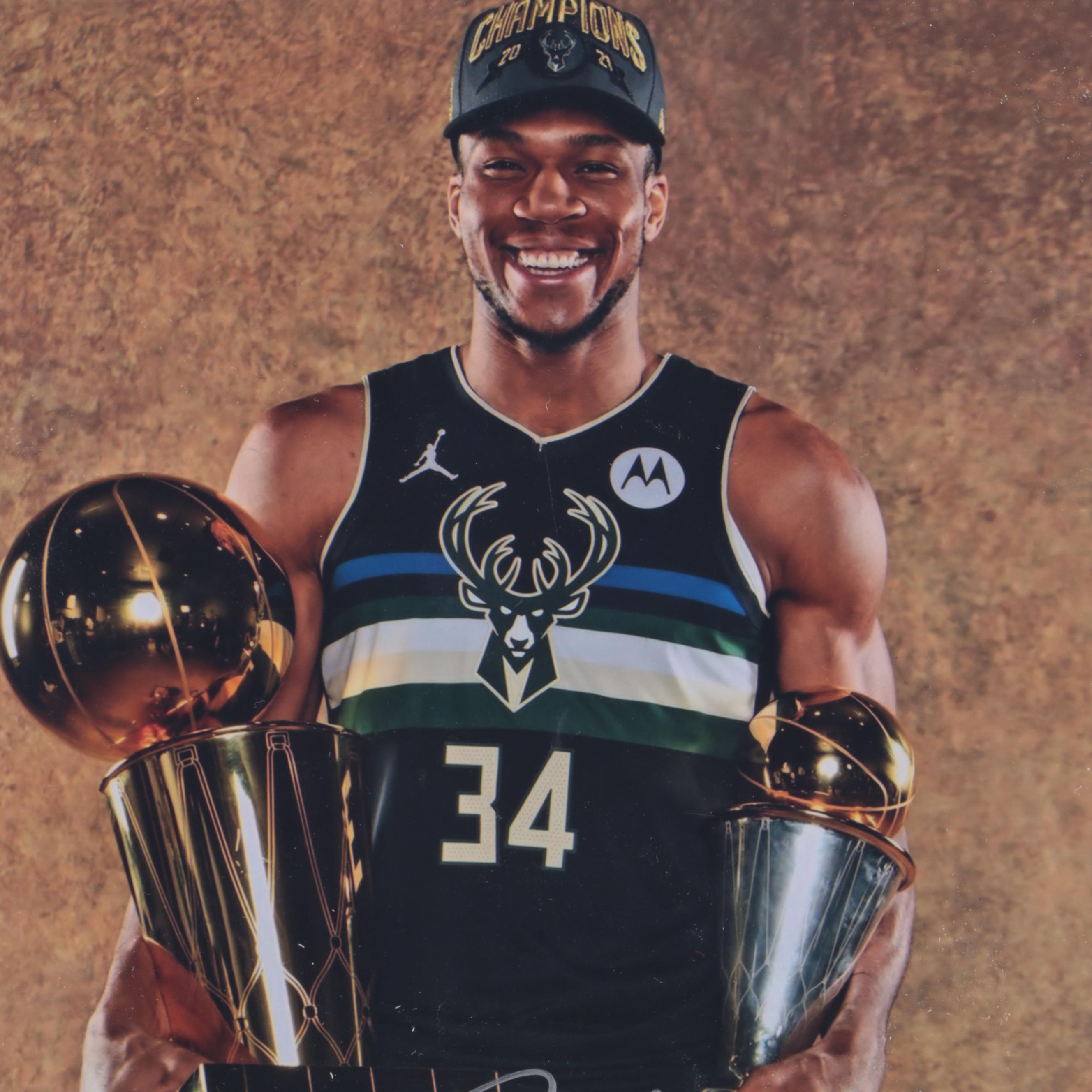 Giannis Antetokounmpo Milwaukee Bucks Signed 2021 Finals Trophies Giclée Print