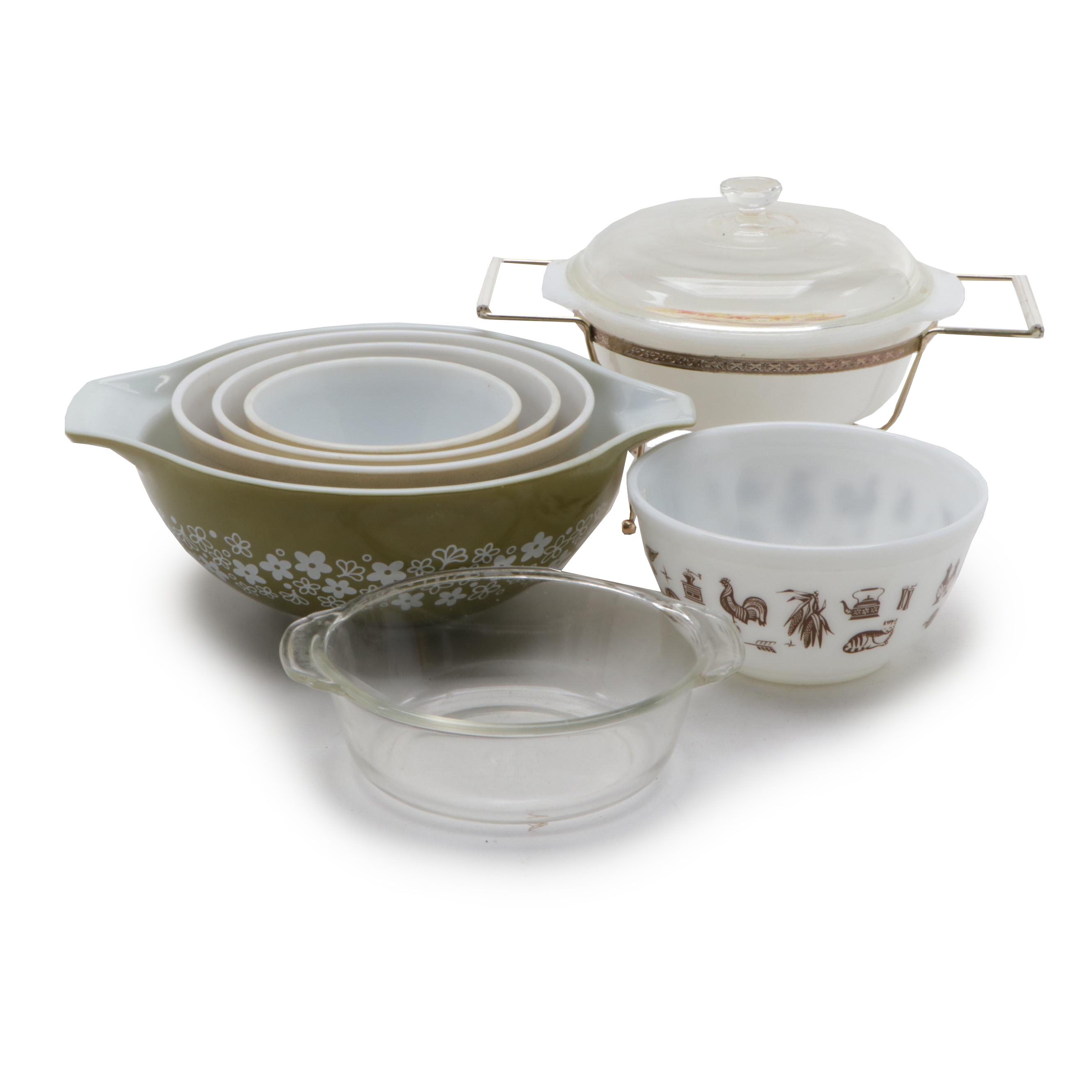 Pyrex "Forest Fancies" Nesting Bowls with Other Pyrex and Fire King Serveware