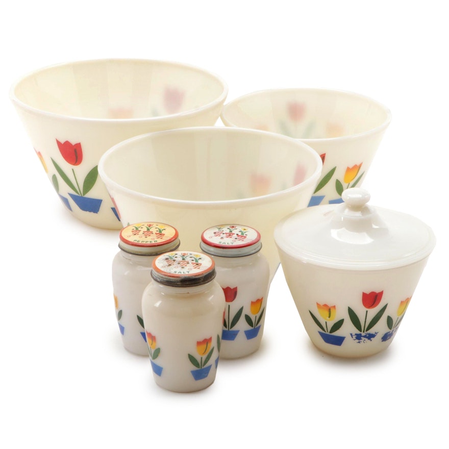 Anchor Hocking "Tulips on Ivory" Mixing Bowls, Drip Jar and Shakers, Mid-20th C.