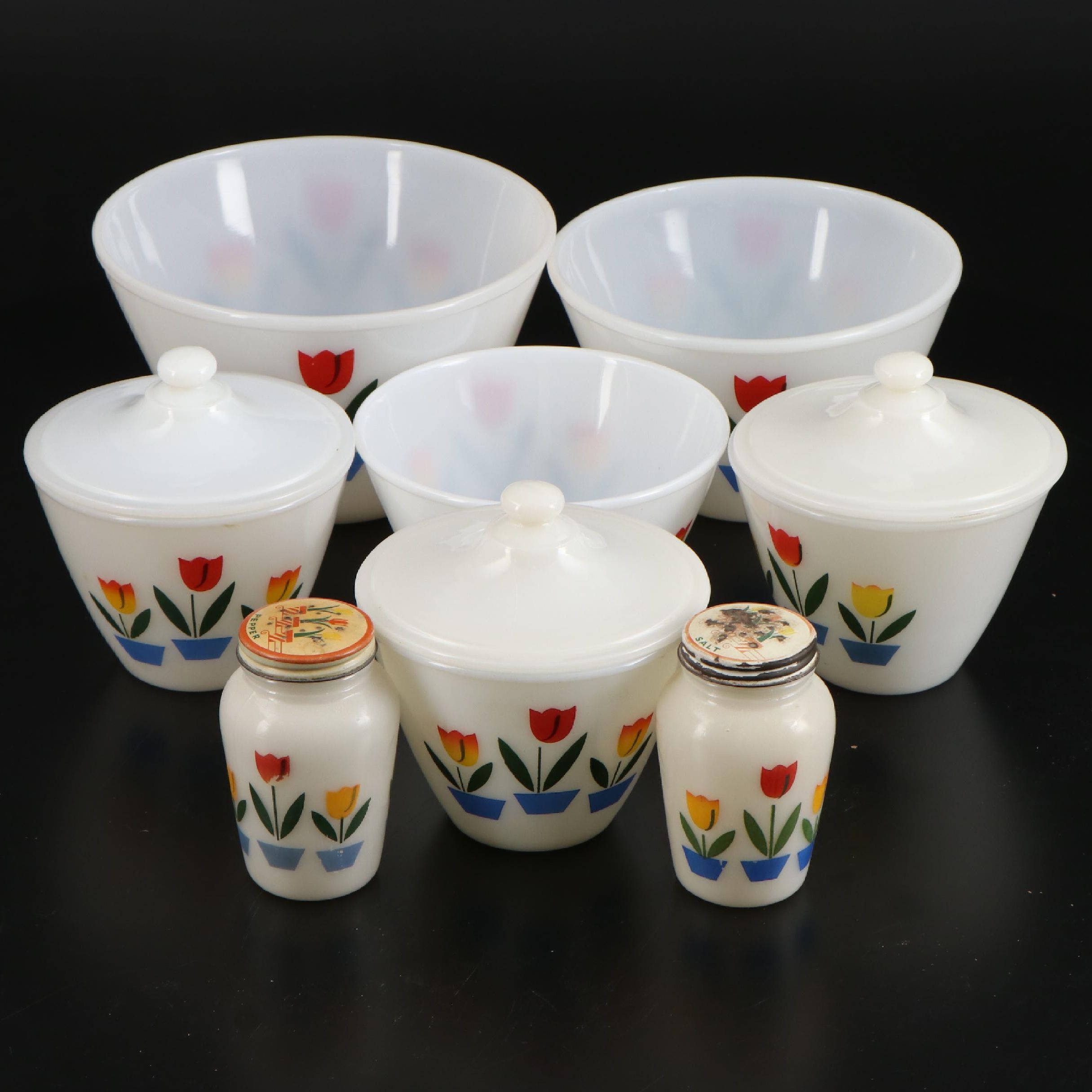 Anchor Hocking Fire-King "Tulip on White" Mixing Bowls, Drip Jars and Shakers