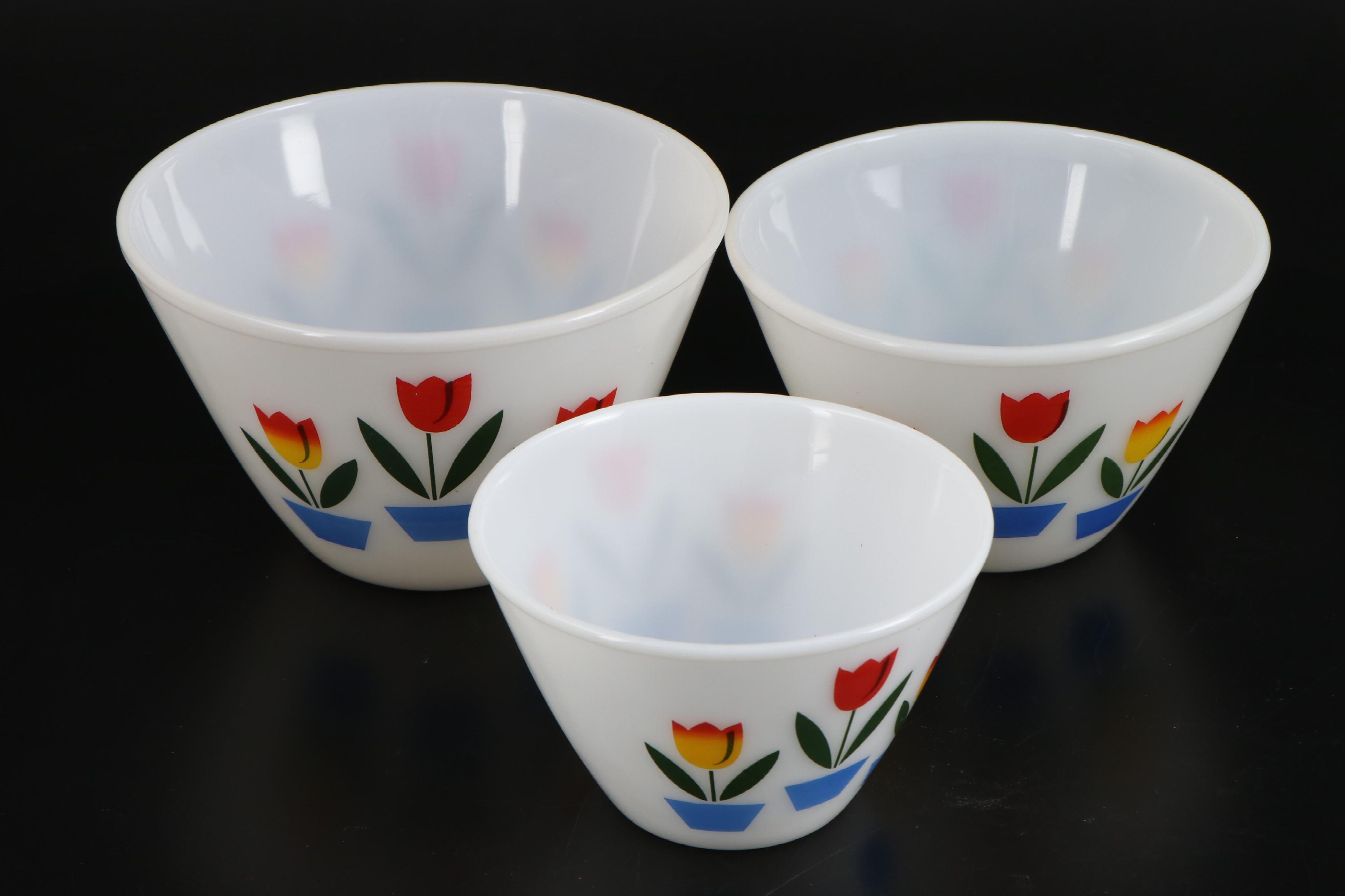 Anchor Hocking Fire-King "Tulip on White" Mixing Bowls, Drip Jars and Shakers