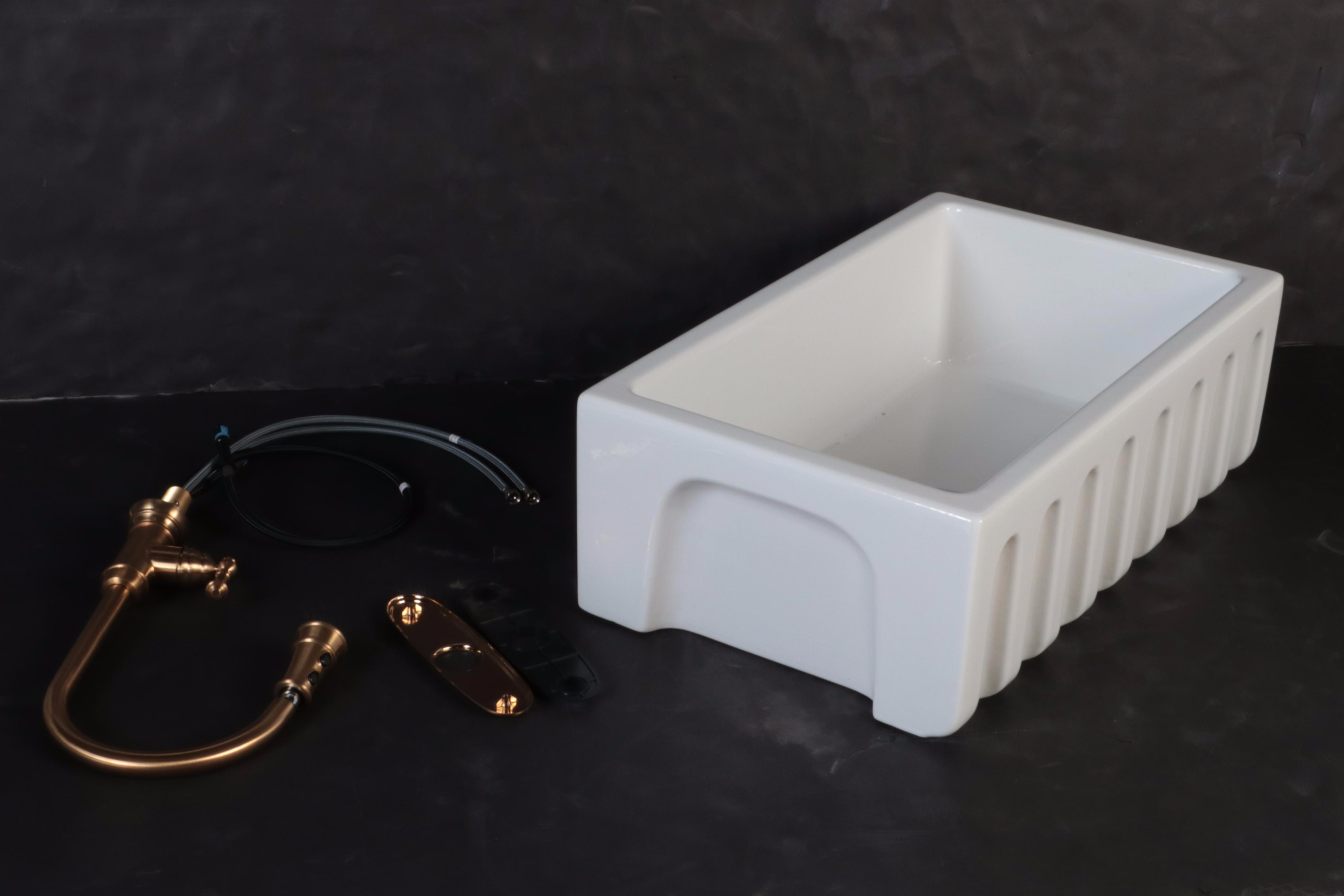 30" White Fireclay Farmhouse Sink with Pull-Down Kitchen Faucet, Soap Dispenser