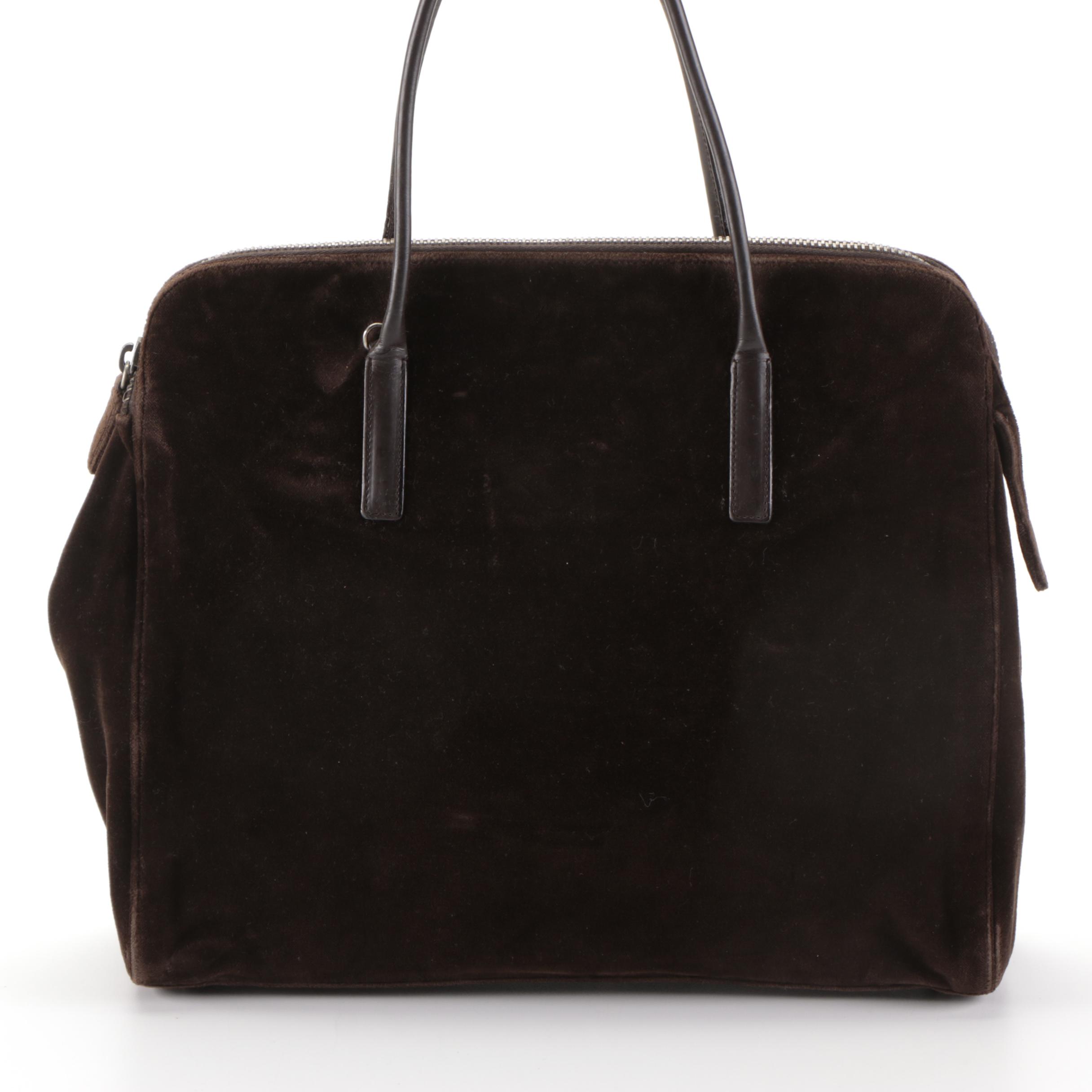 Prada Zip Domed Handbag in Dark Brown Velvet and Leather with Detachable Strap