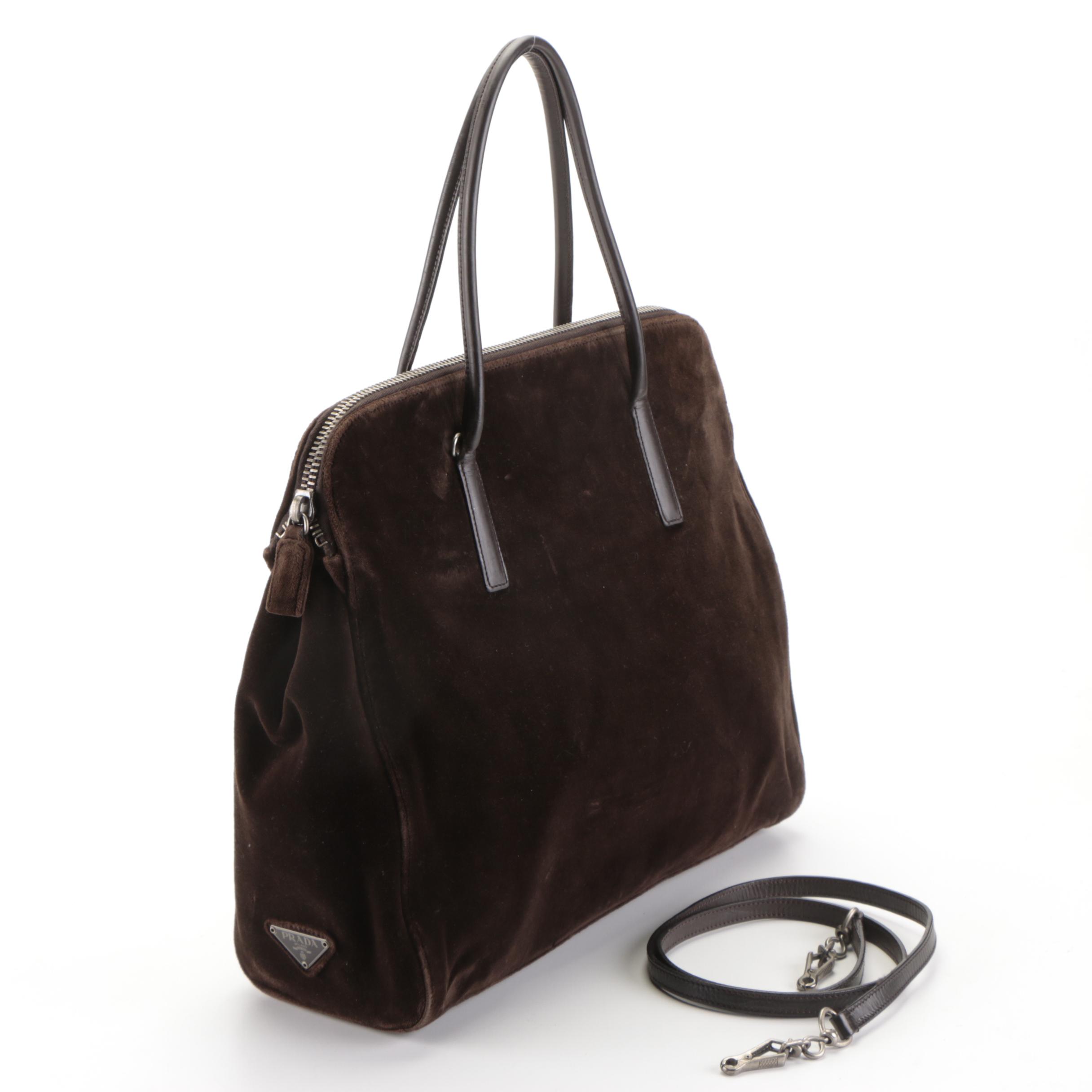 Prada Zip Domed Handbag in Dark Brown Velvet and Leather with Detachable Strap
