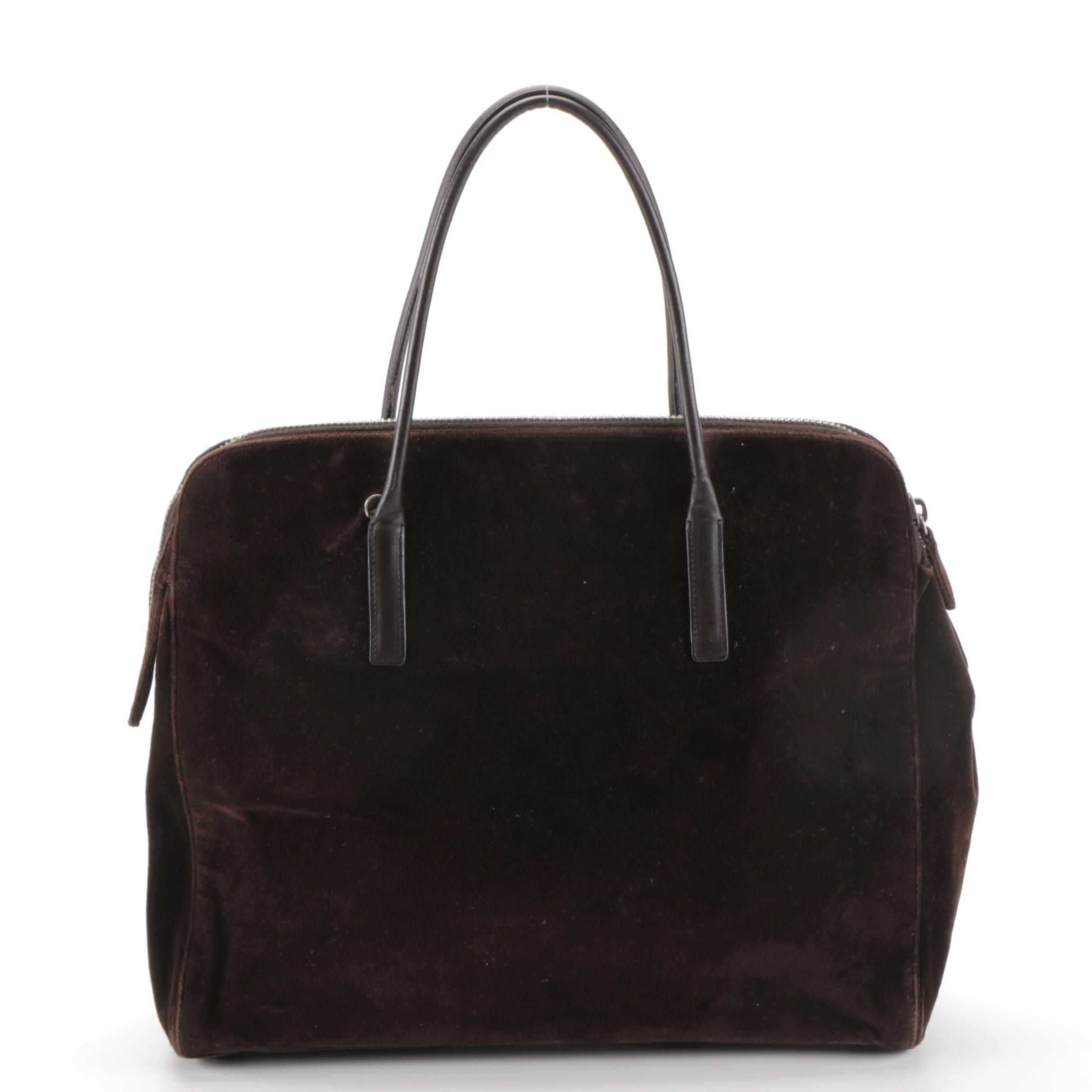 Prada Zip Domed Handbag in Dark Brown Velvet and Leather with Detachable Strap