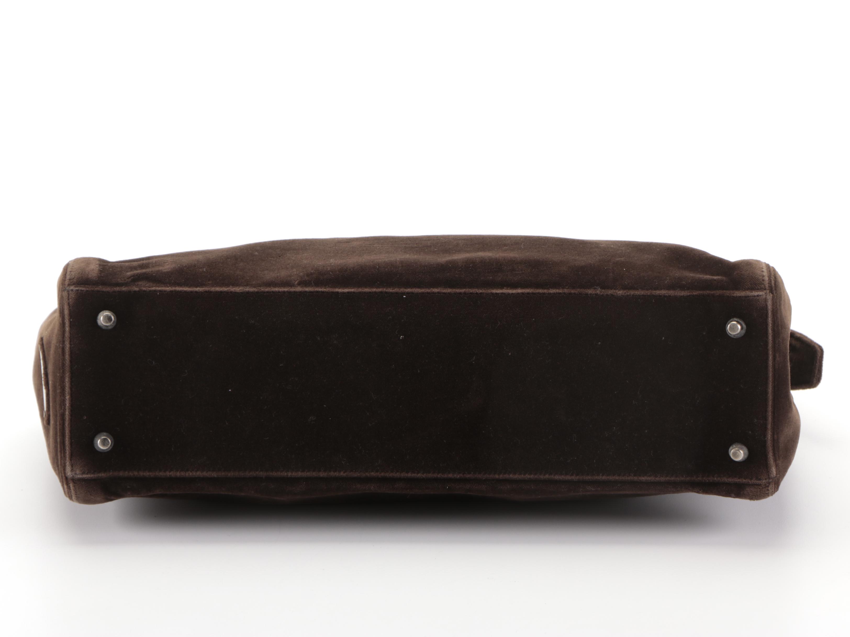 Prada Zip Domed Handbag in Dark Brown Velvet and Leather with Detachable Strap