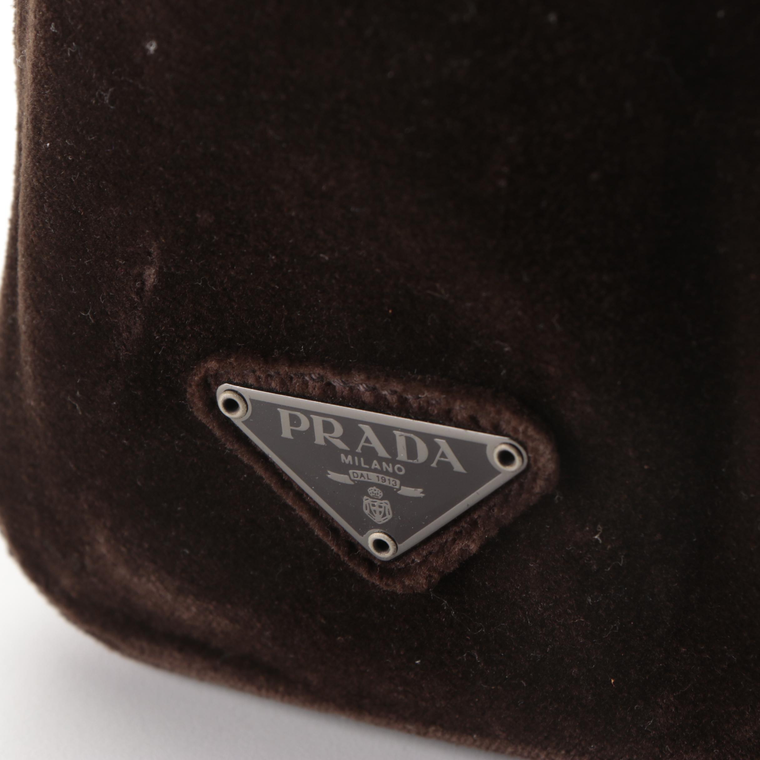 Prada Zip Domed Handbag in Dark Brown Velvet and Leather with Detachable Strap