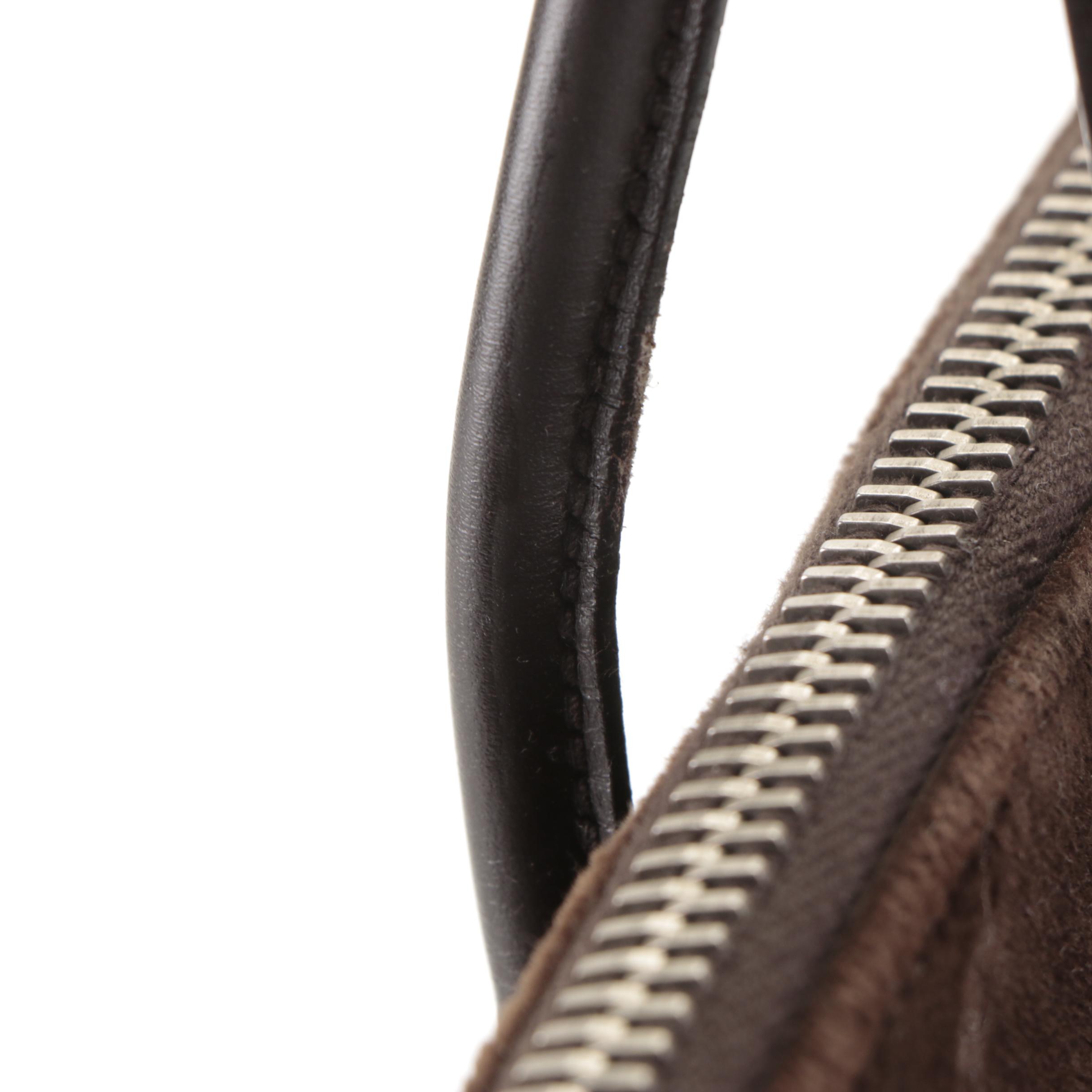 Prada Zip Domed Handbag in Dark Brown Velvet and Leather with Detachable Strap