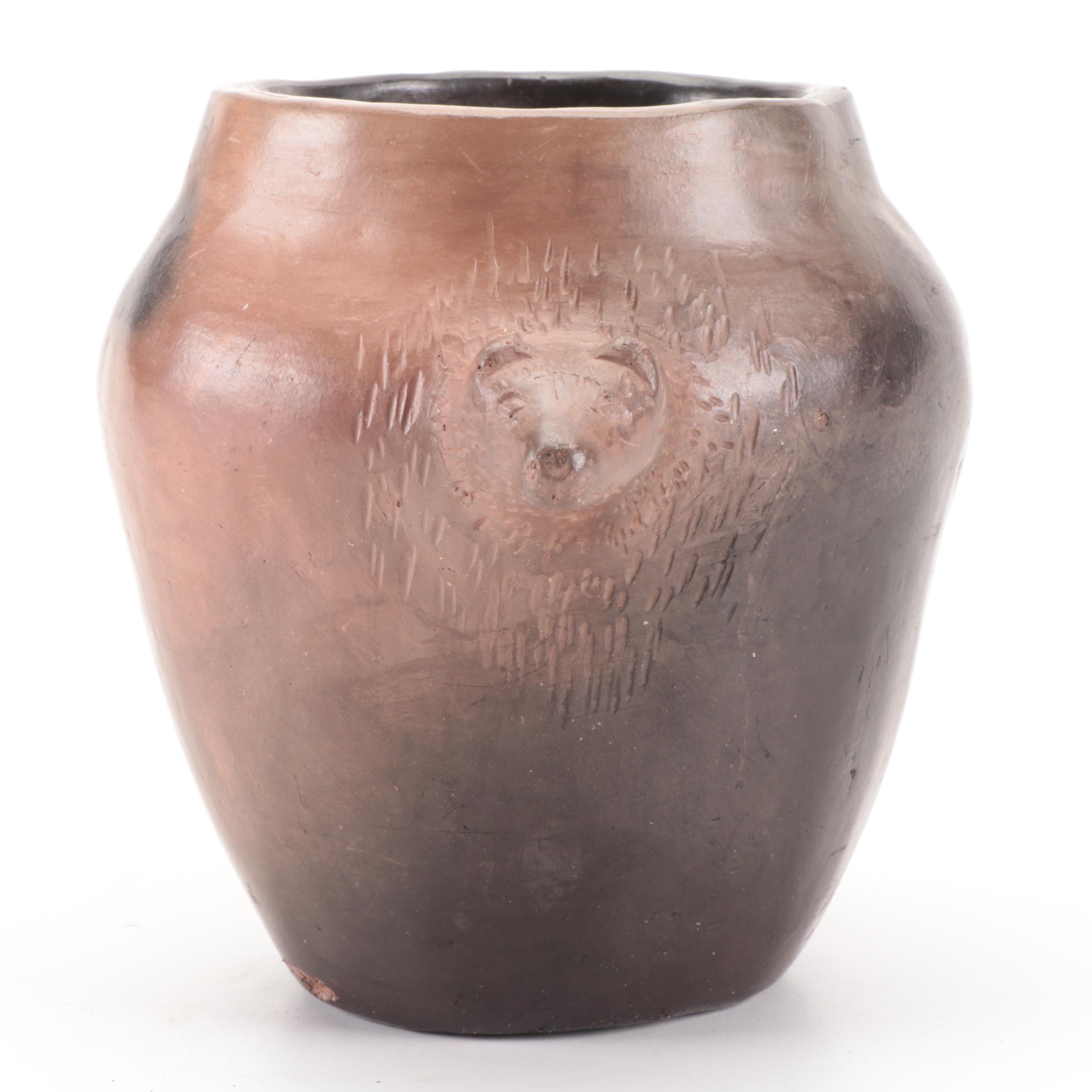 Amanda Swimmer Signed Cherokee Pit Fired Bear Head Pottery Vessel, 20th Century