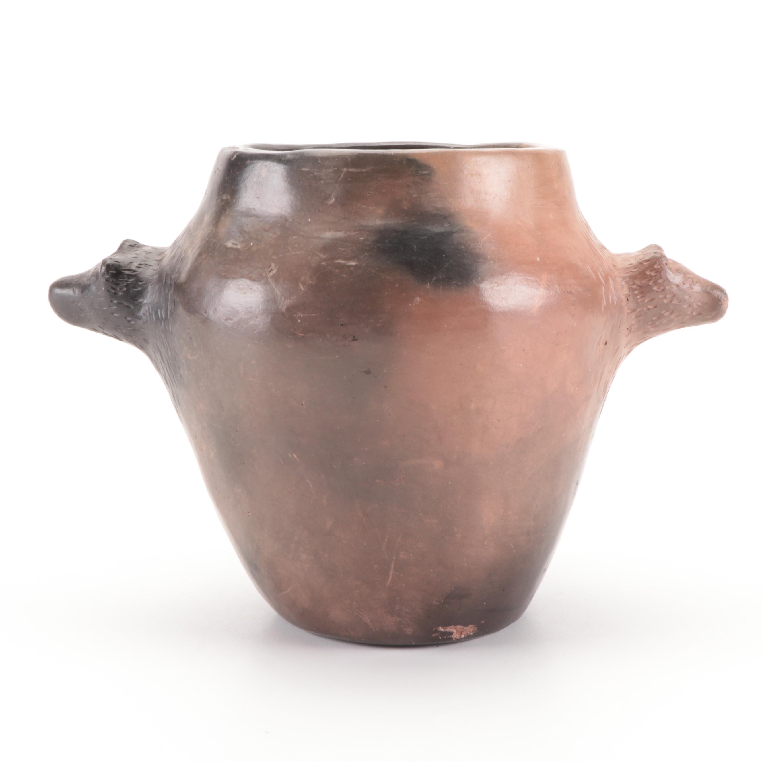 Amanda Swimmer Signed Cherokee Pit Fired Bear Head Pottery Vessel, 20th Century