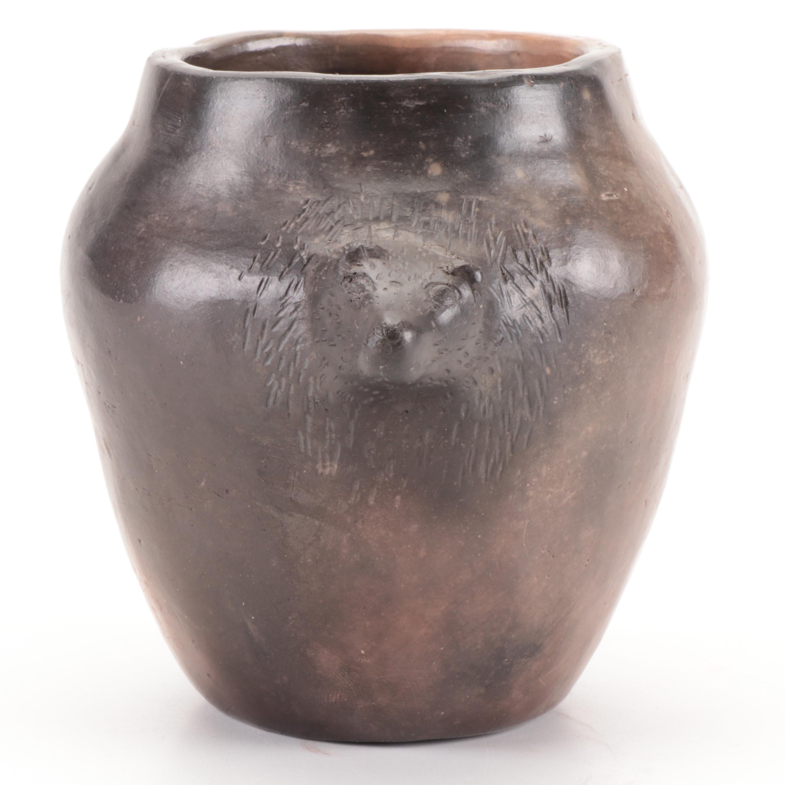 Amanda Swimmer Signed Cherokee Pit Fired Bear Head Pottery Vessel, 20th Century