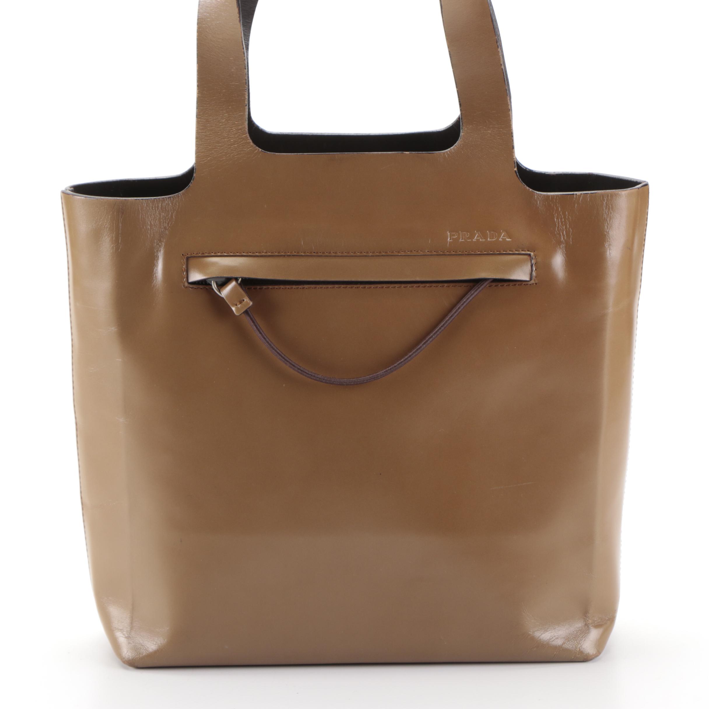 Prada Front-Pocket Small Tote Bag in Brown Smooth Calfskin Leather