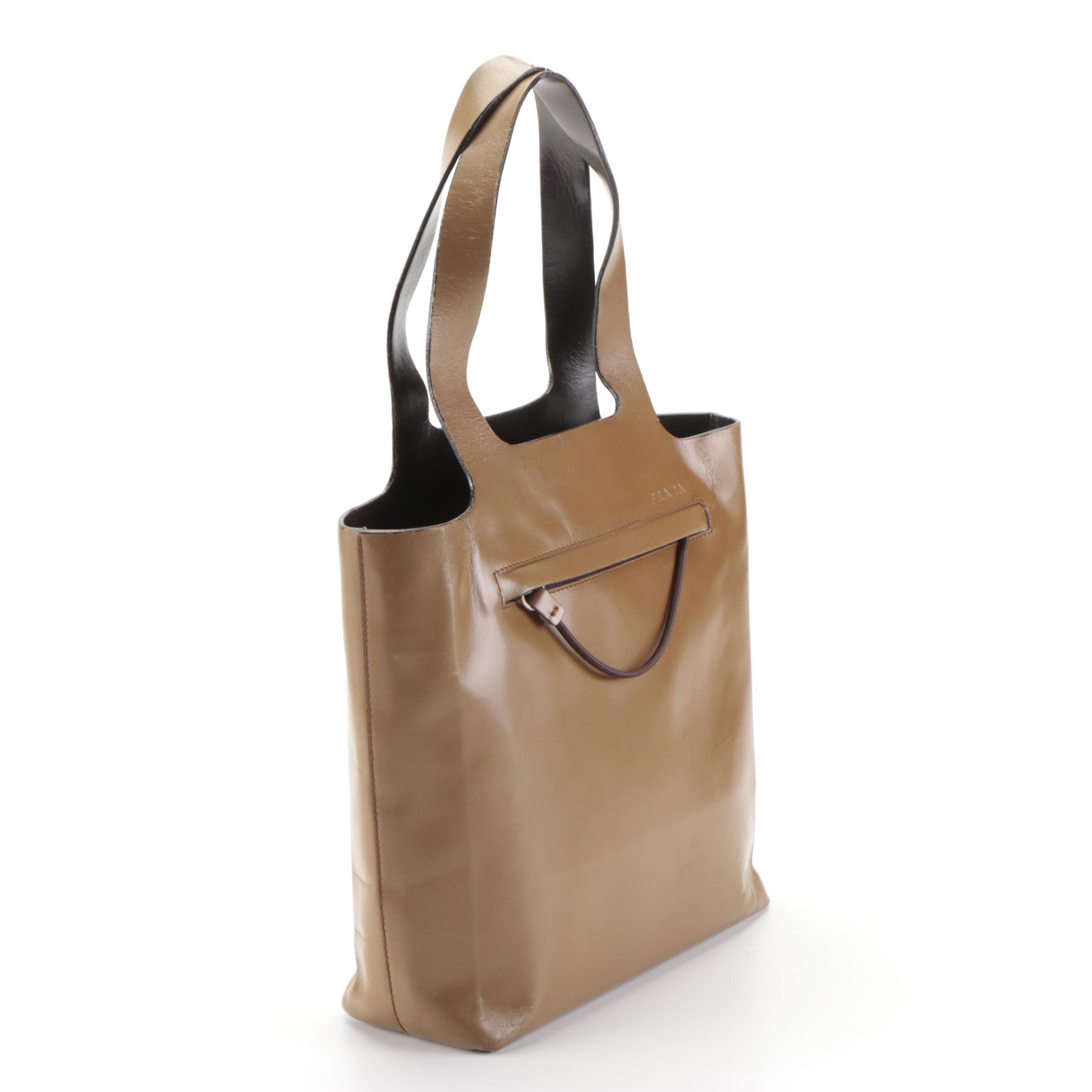 Prada Front-Pocket Small Tote Bag in Brown Smooth Calfskin Leather