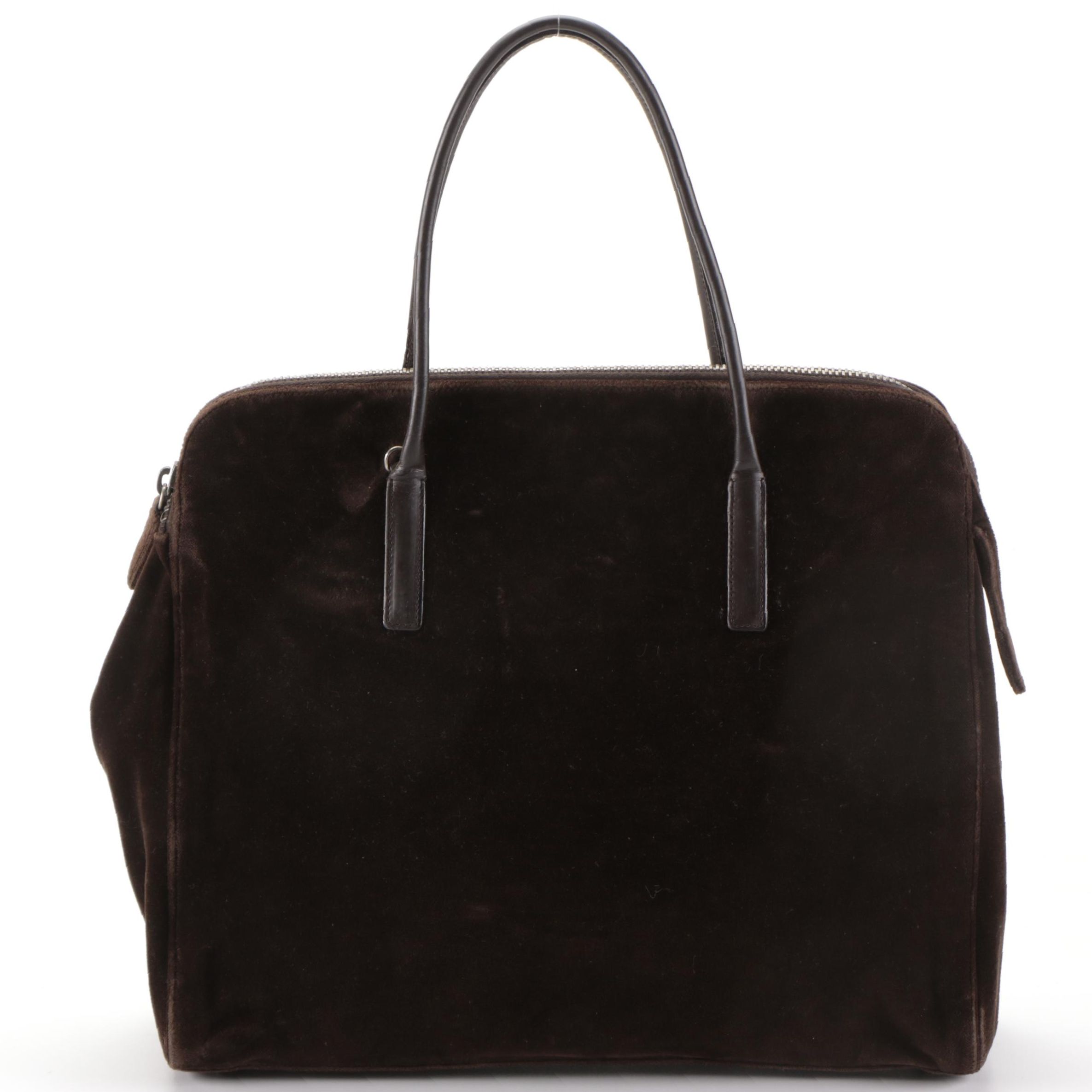 Prada Zip Domed Handbag in Dark Brown Velvet and Leather with Detachable Strap