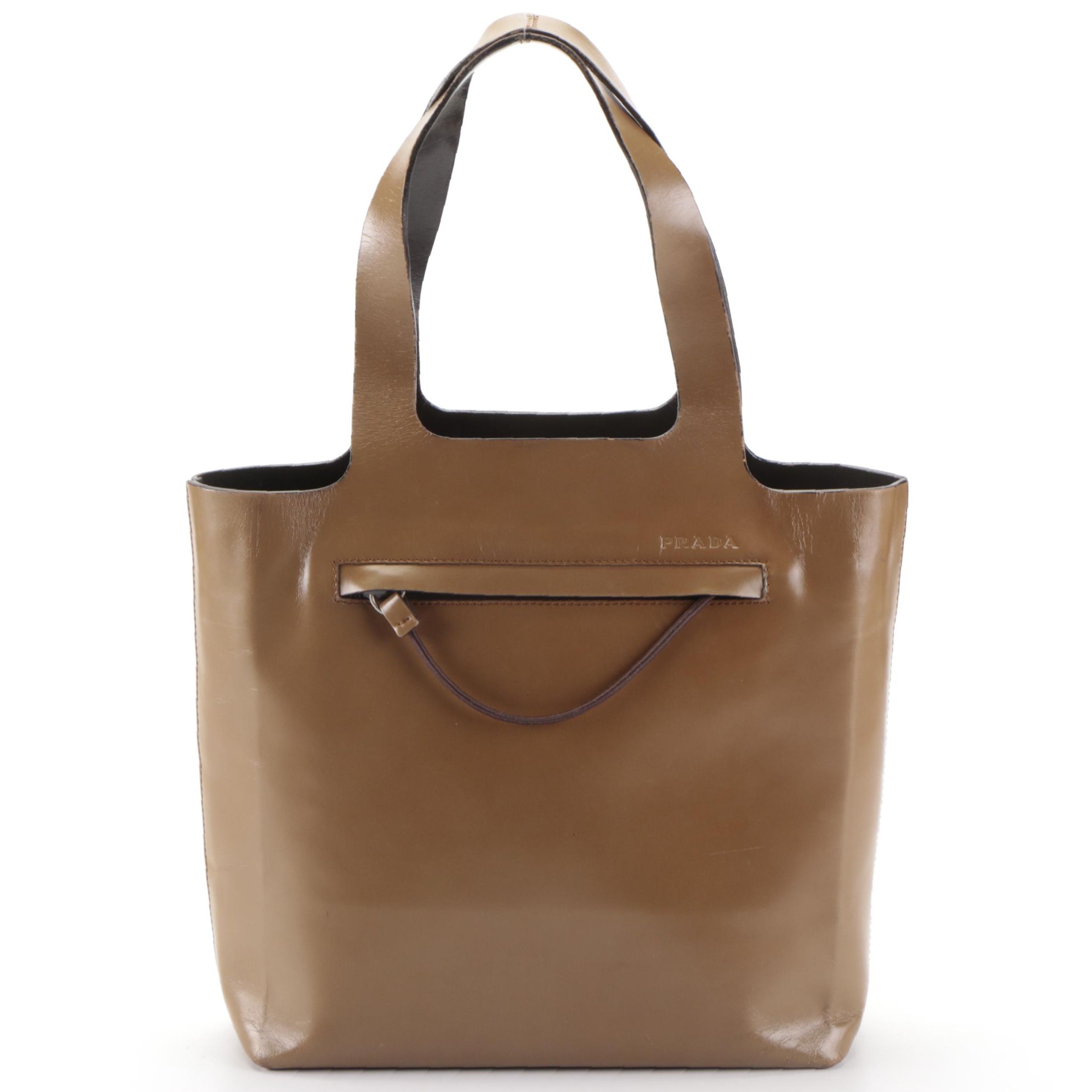Prada Front-Pocket Small Tote Bag in Brown Smooth Calfskin Leather