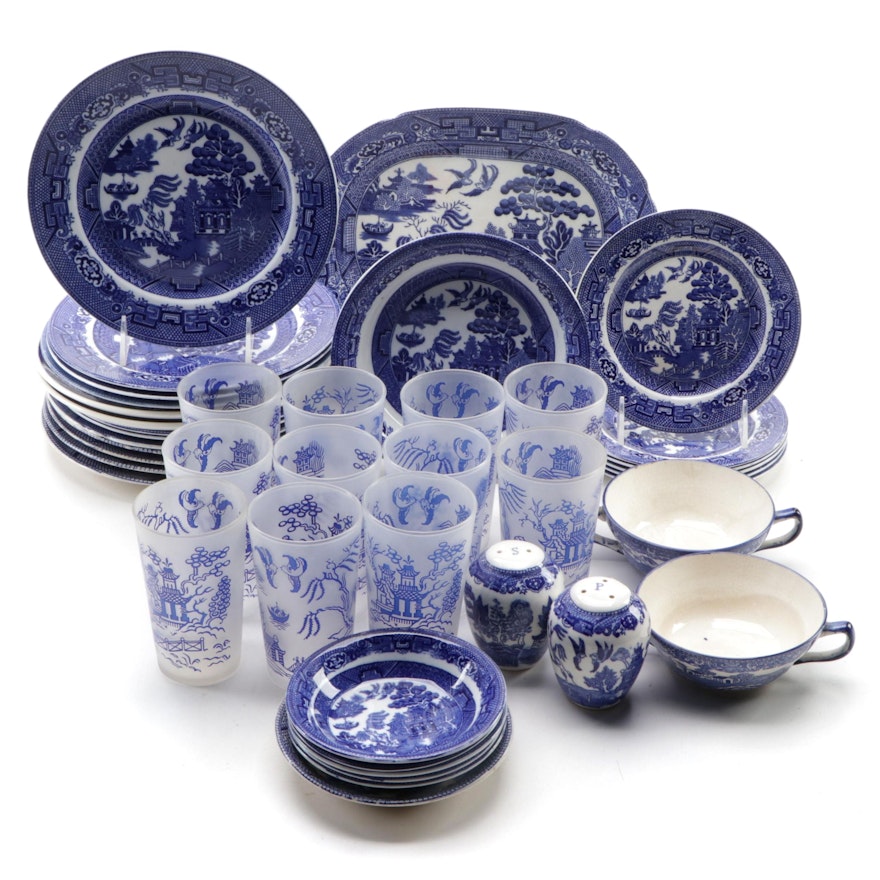 Allterstons and Other Blue Willow Ceramic Dinnerware and Glass Tumblers
