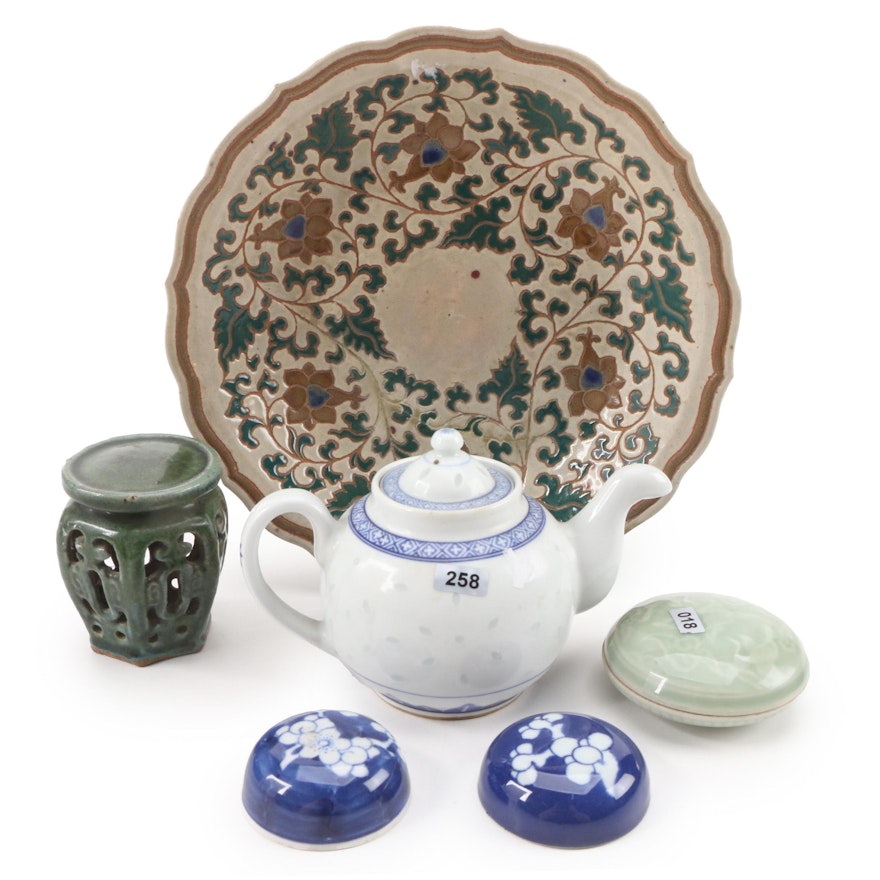 Chinese Rice Grain Porcelain Teapot and Other Boxes and Accessories