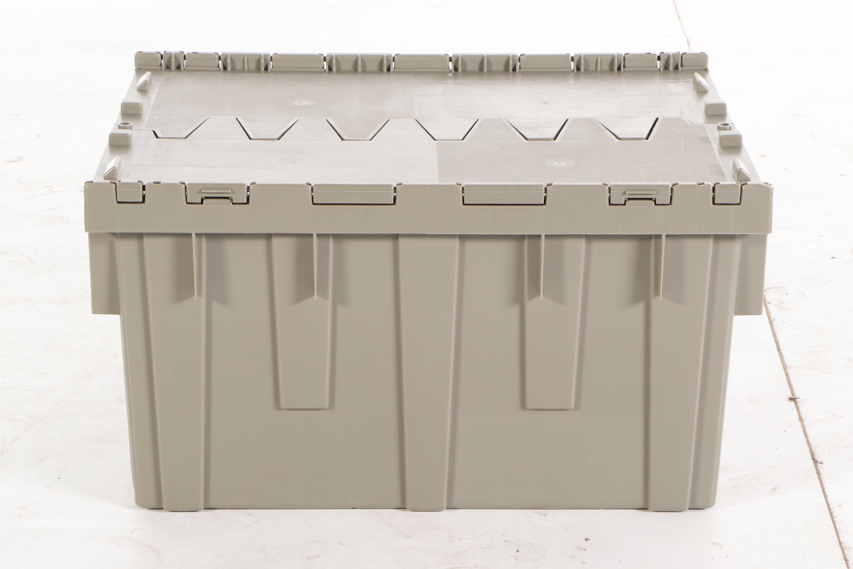 Five Gray Plastic Storage Totes