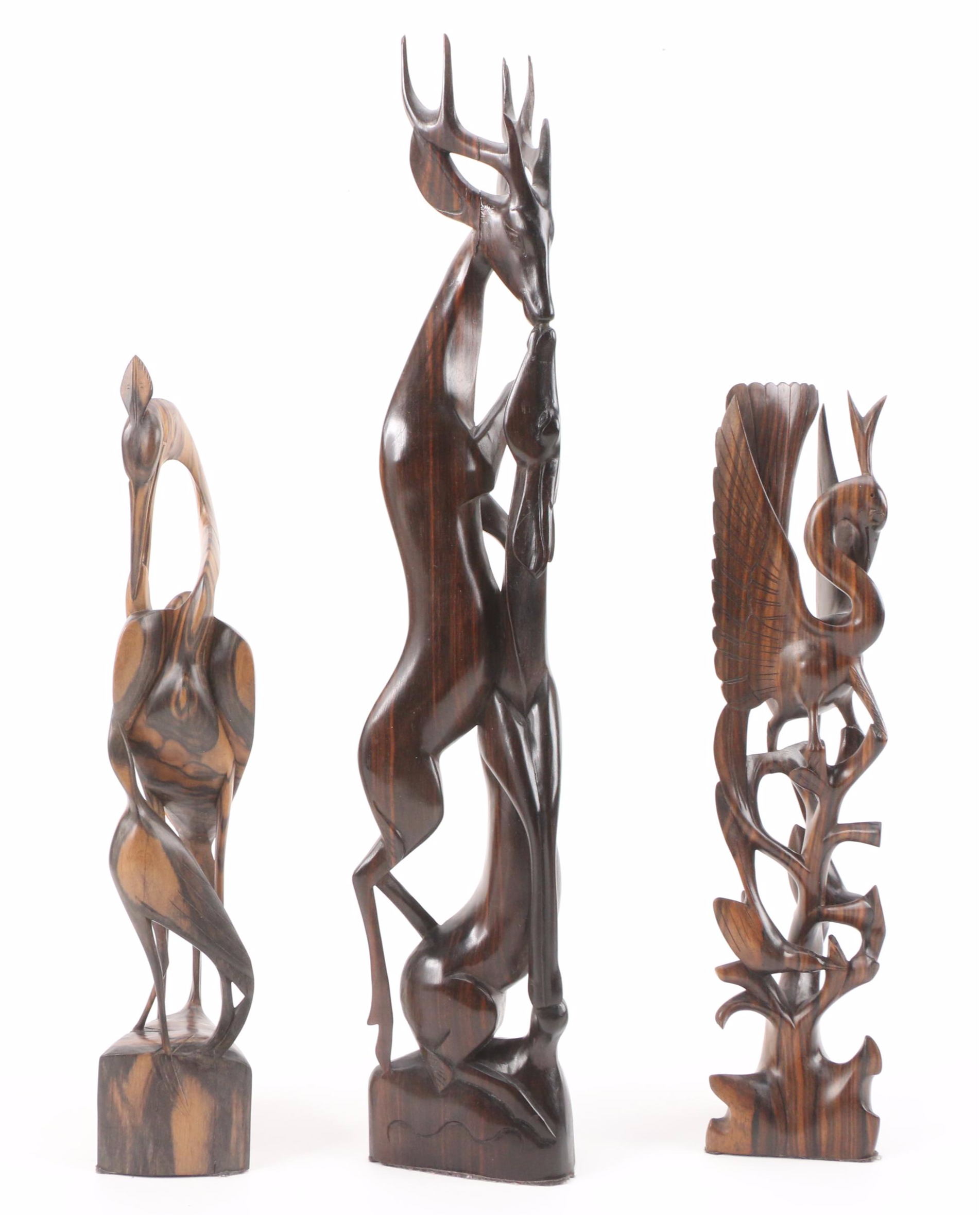 East African Ironwood Carvings of Birds and Deer