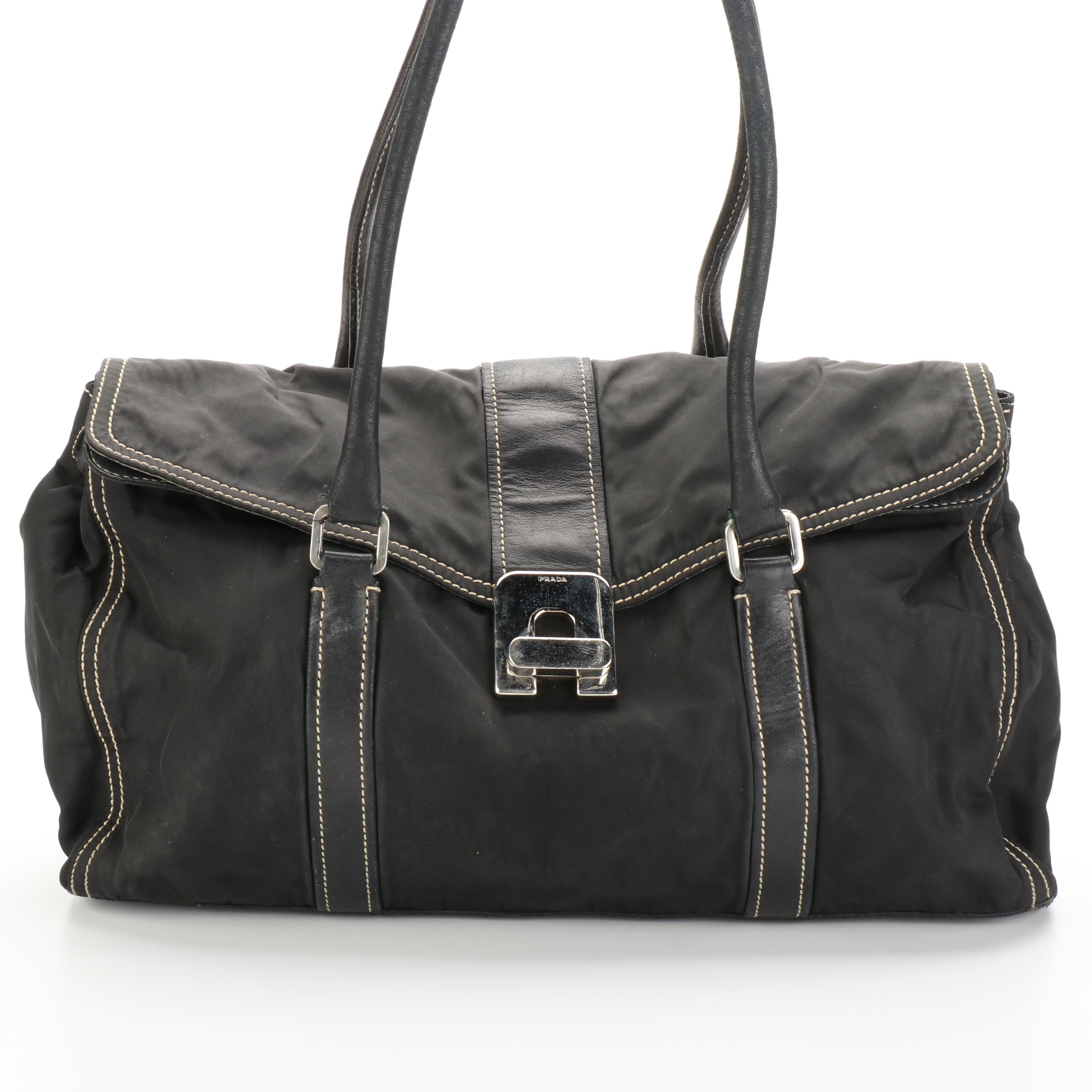 Prada Twist-Lock Satchel Handbag in Black Nylon Tessuto and Lambskin Leather